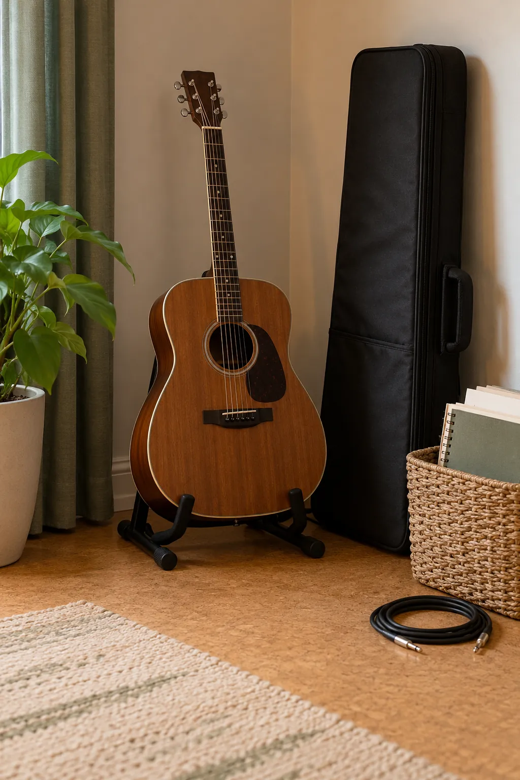 Musical instrument stored in a stable padded apartment corner