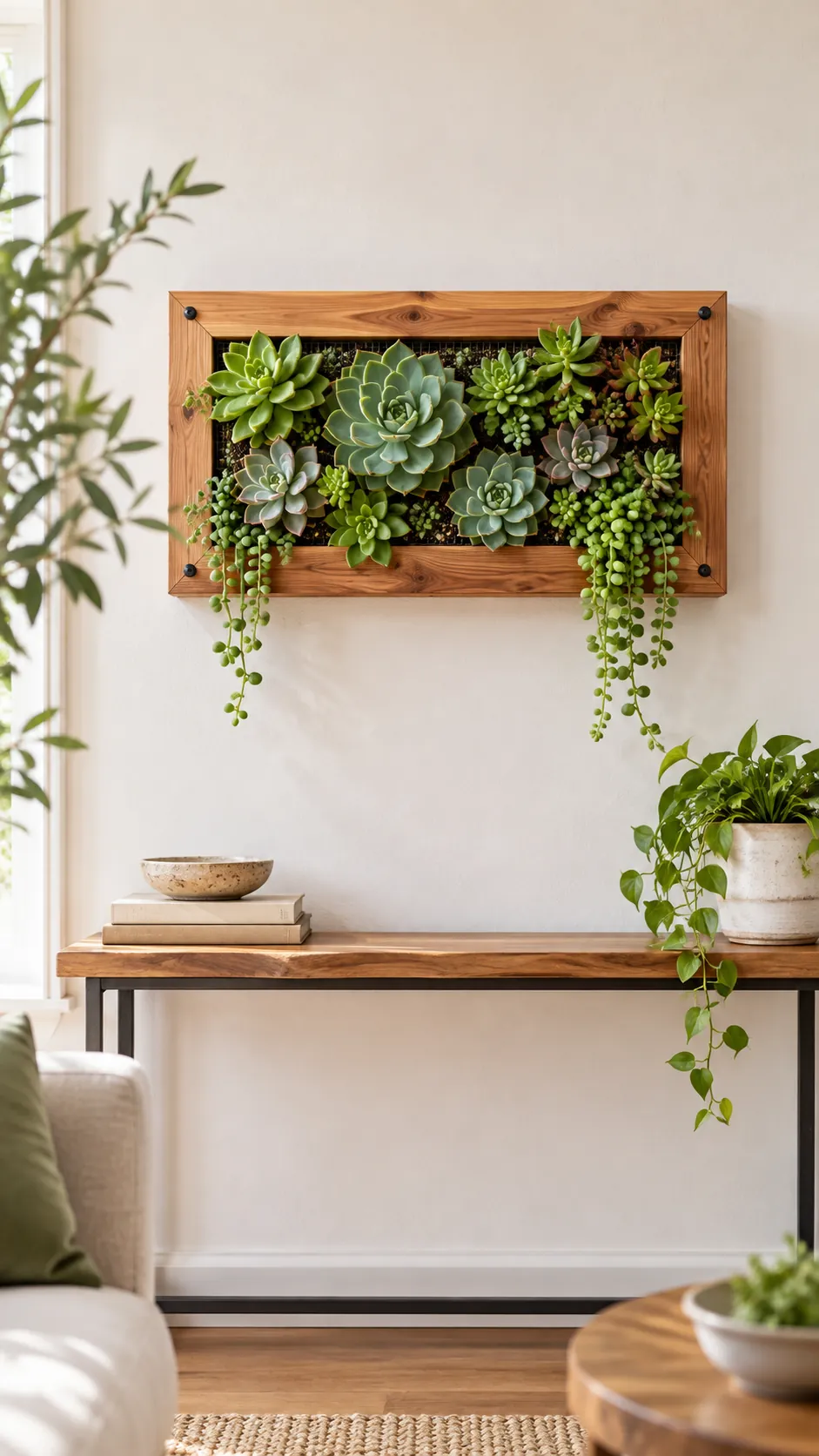 Framed succulent wall hanging in a bright living room