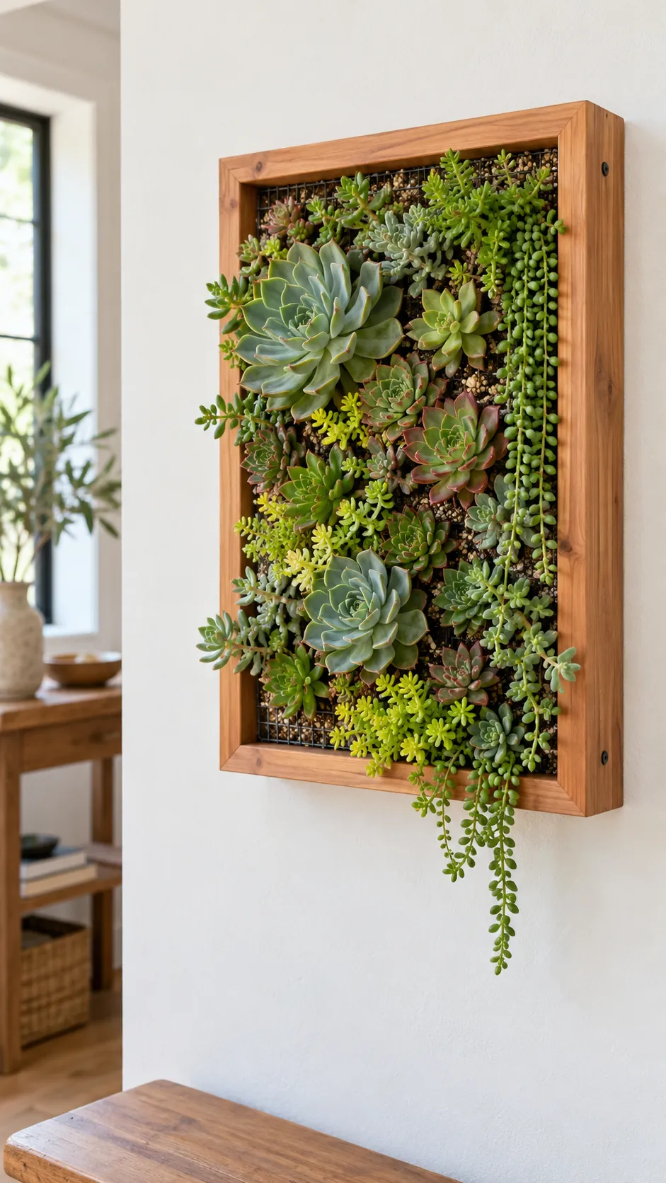 Succulent wall hanging in a shallow cedar frame
