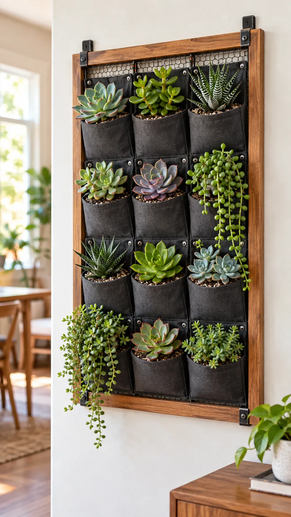 Succulent wall hanging made with neat removable pockets