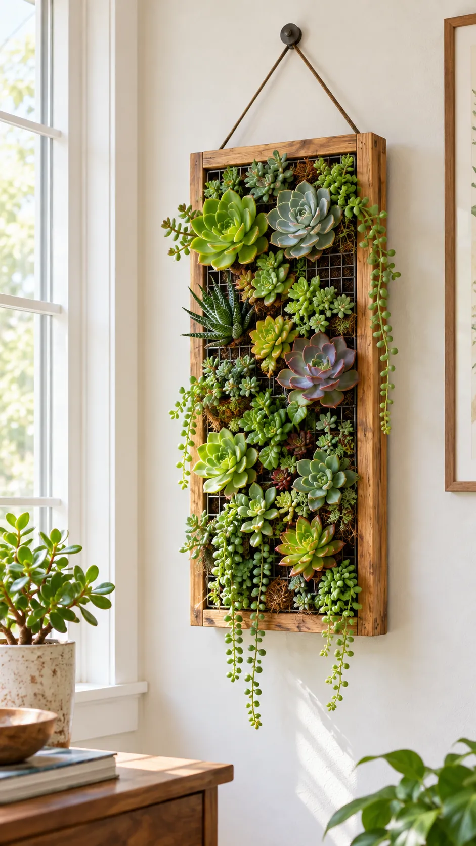 Succulent wall hanging beside a bright indoor window