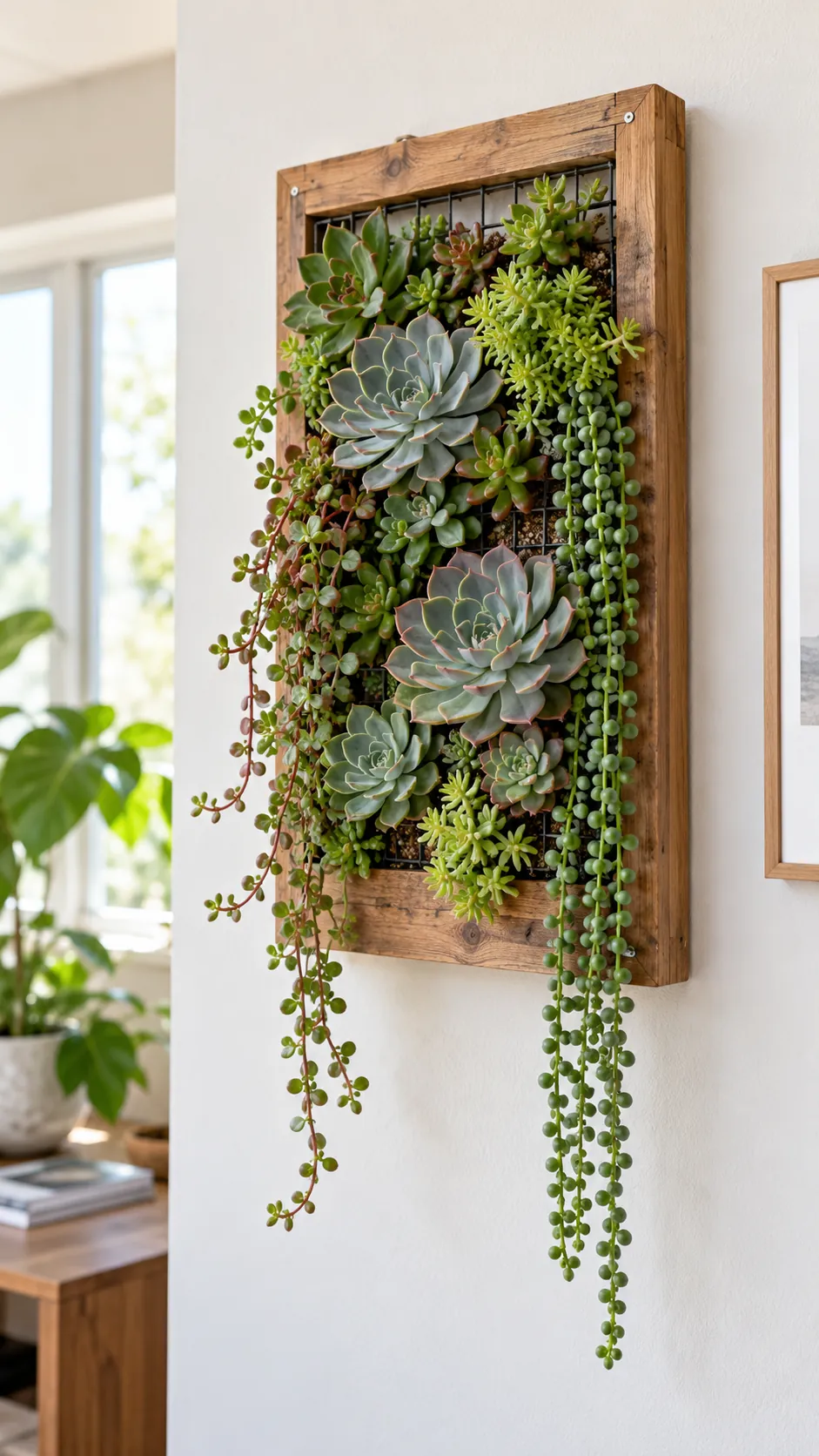 Wall planter mixing succulent rosettes and trailing stems