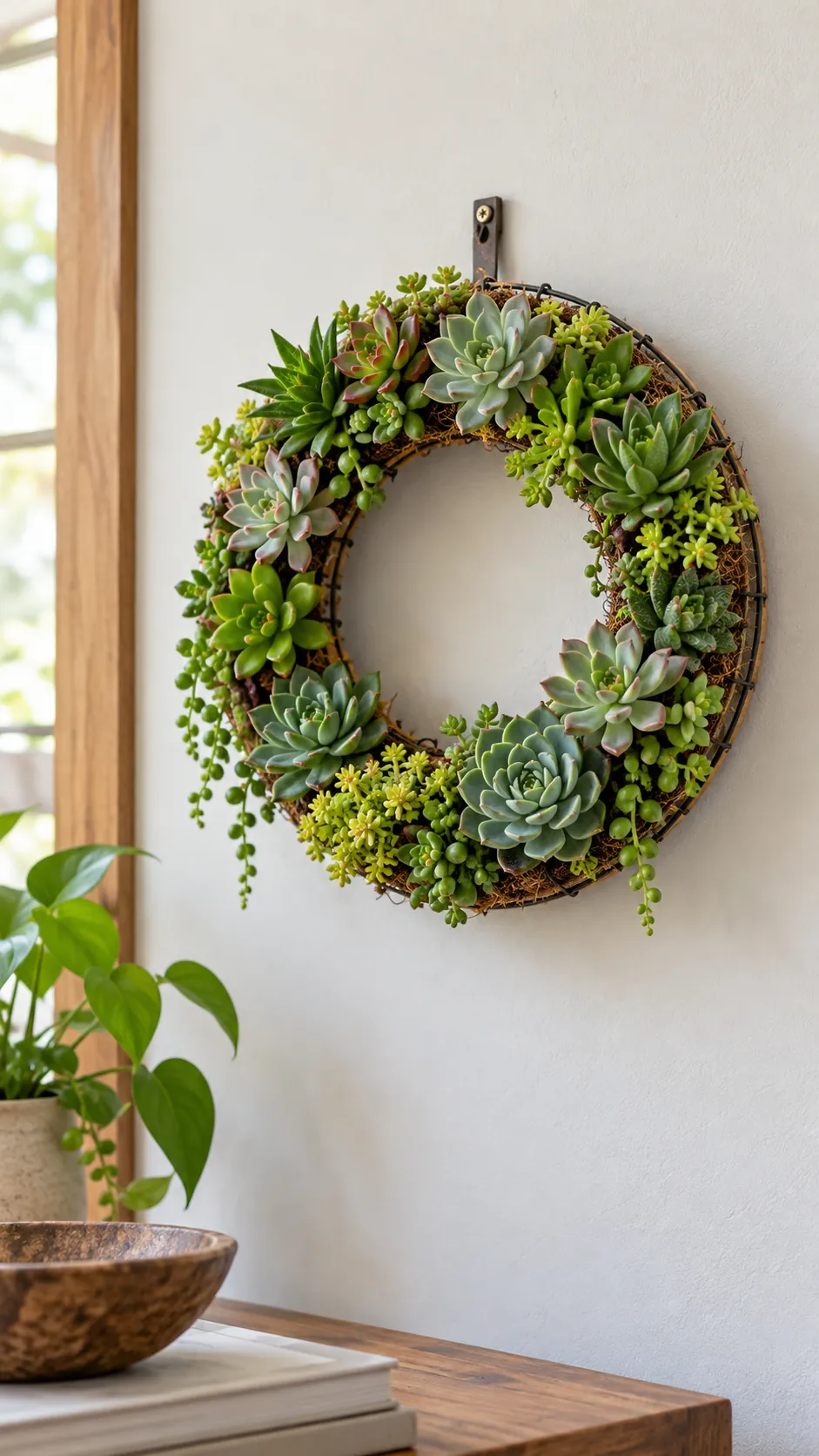Small round living succulent wreath on a wall