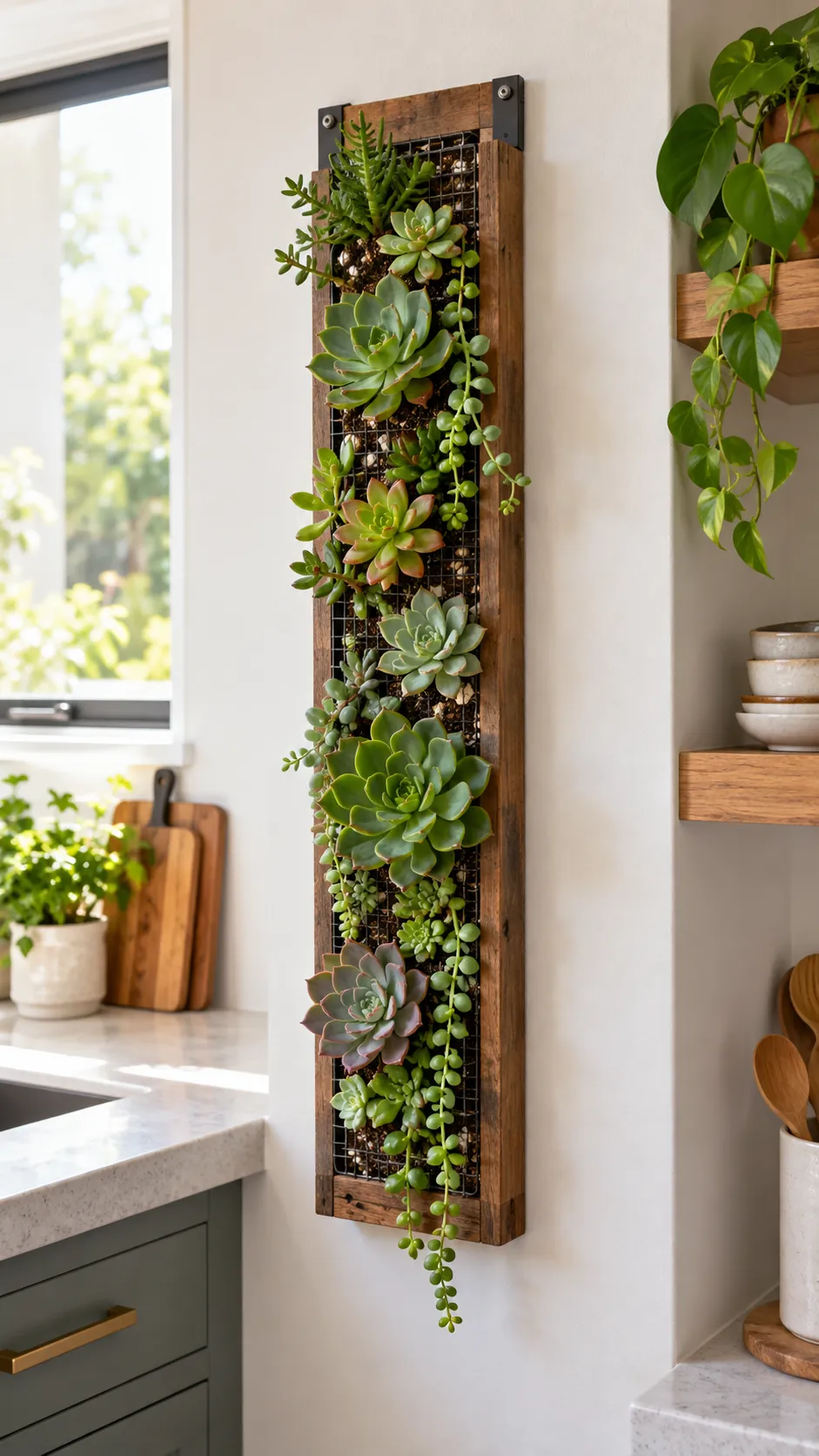 Narrow succulent wall hanging in a bright kitchen