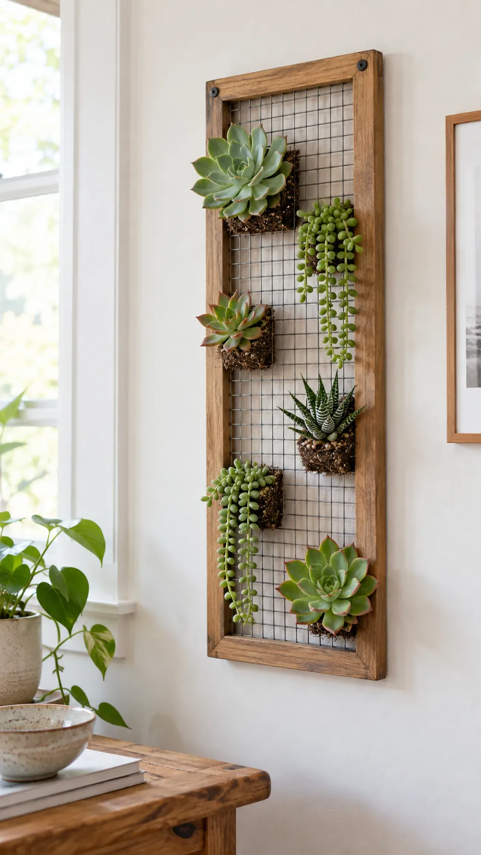 Sparse graphic succulent wall hanging with open space