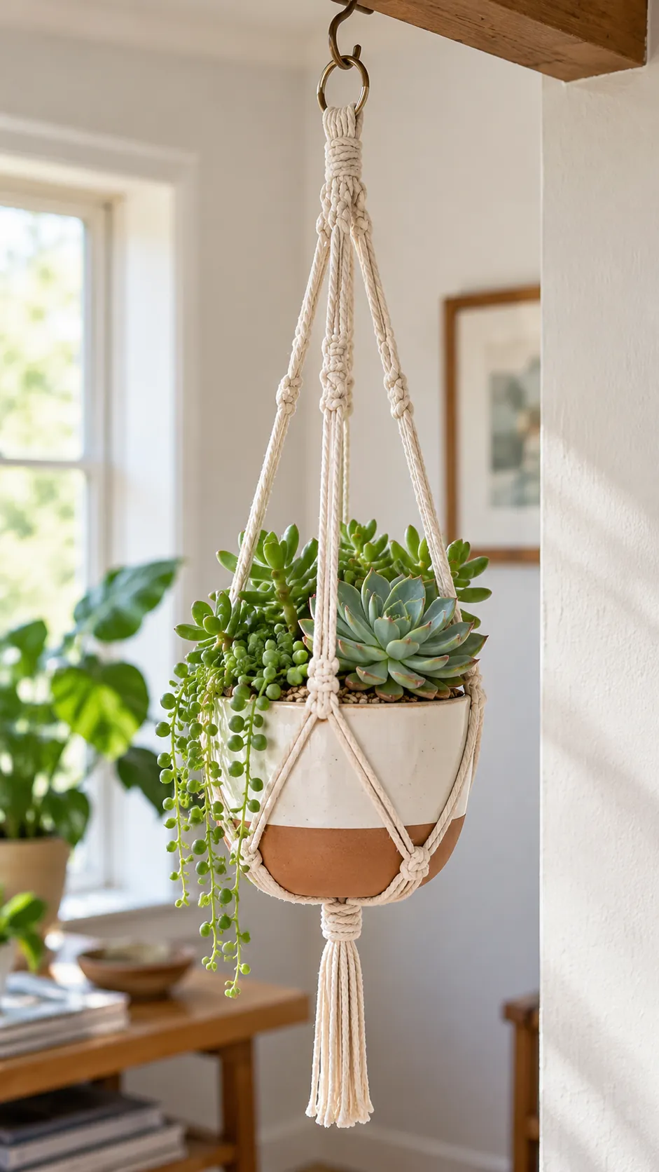 Macrame hanging planter with a removable succulent pot
