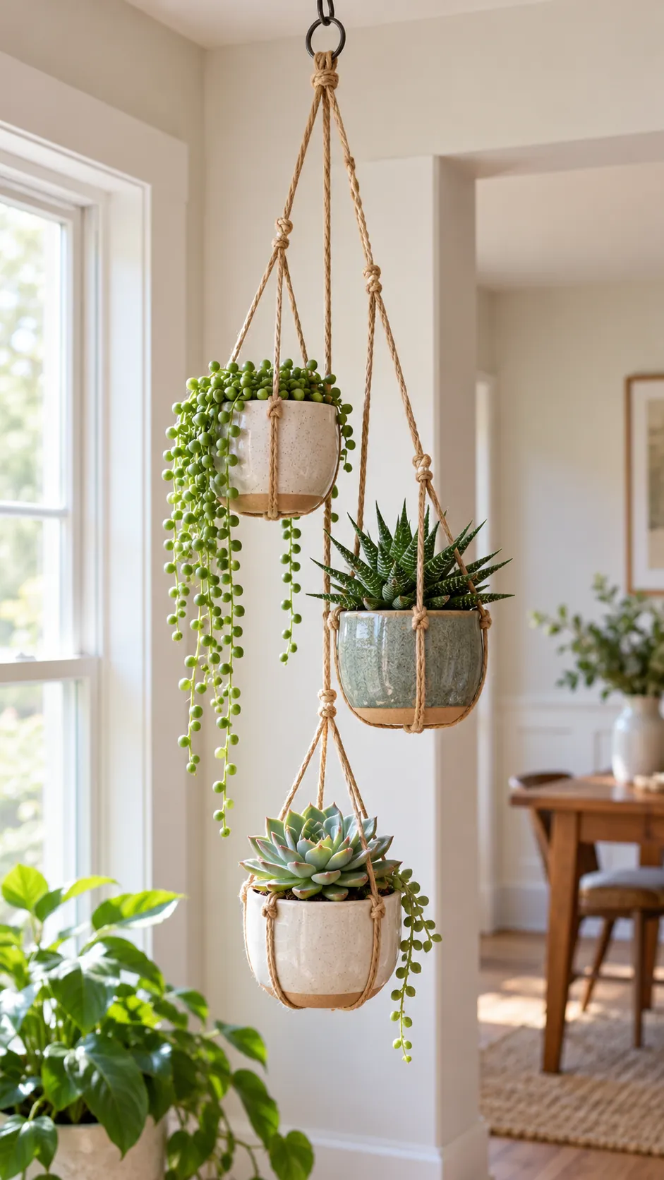Three small succulent planters hanging at different heights