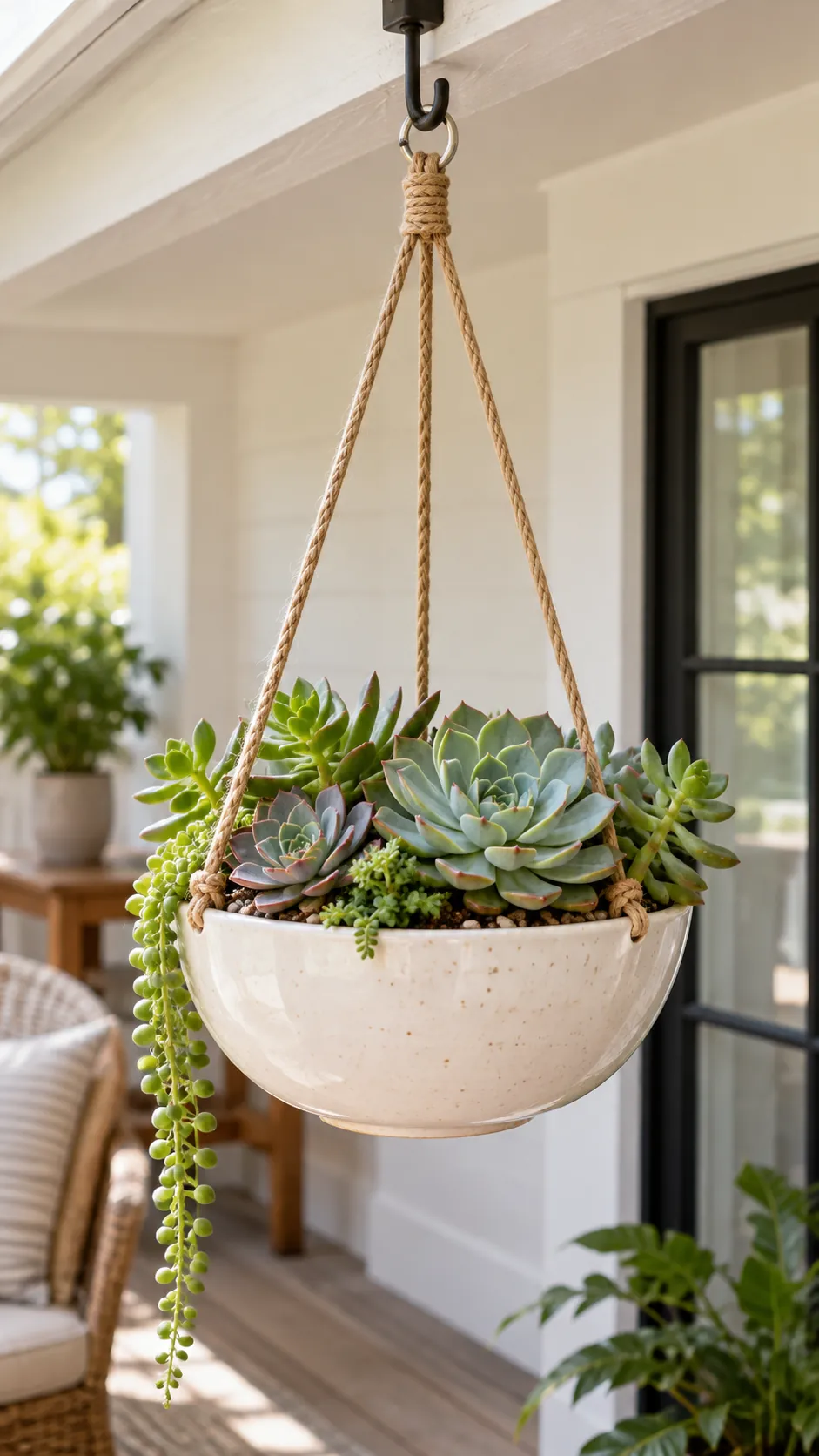 Hanging ceramic bowl planter with rosette succulents