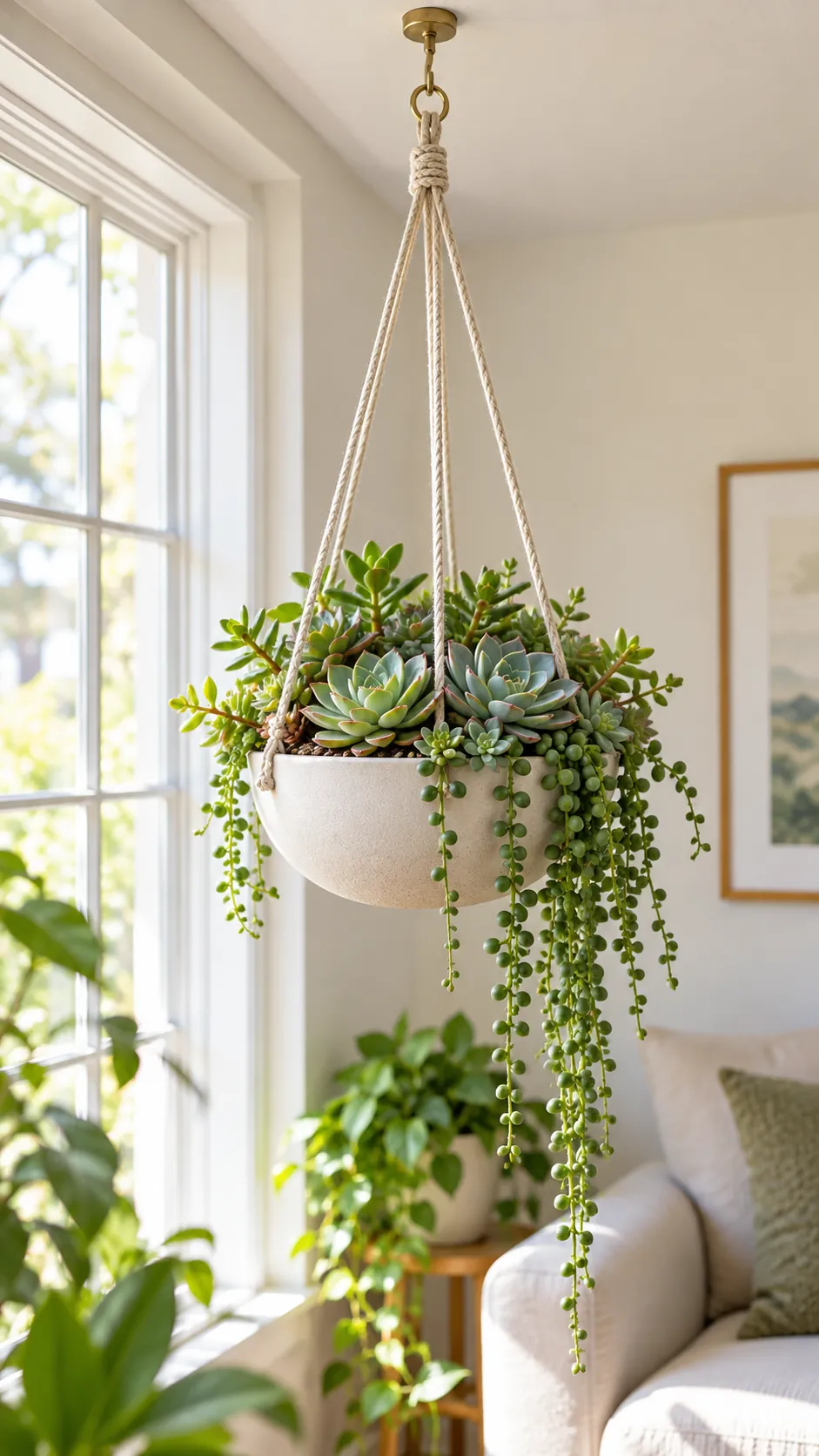 Natural cord hanging succulent planter beside a bright window