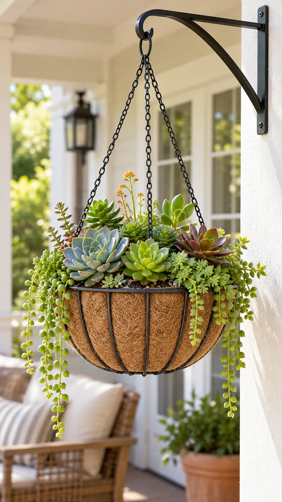 Metal basket hanging planter with a fitted succulent liner