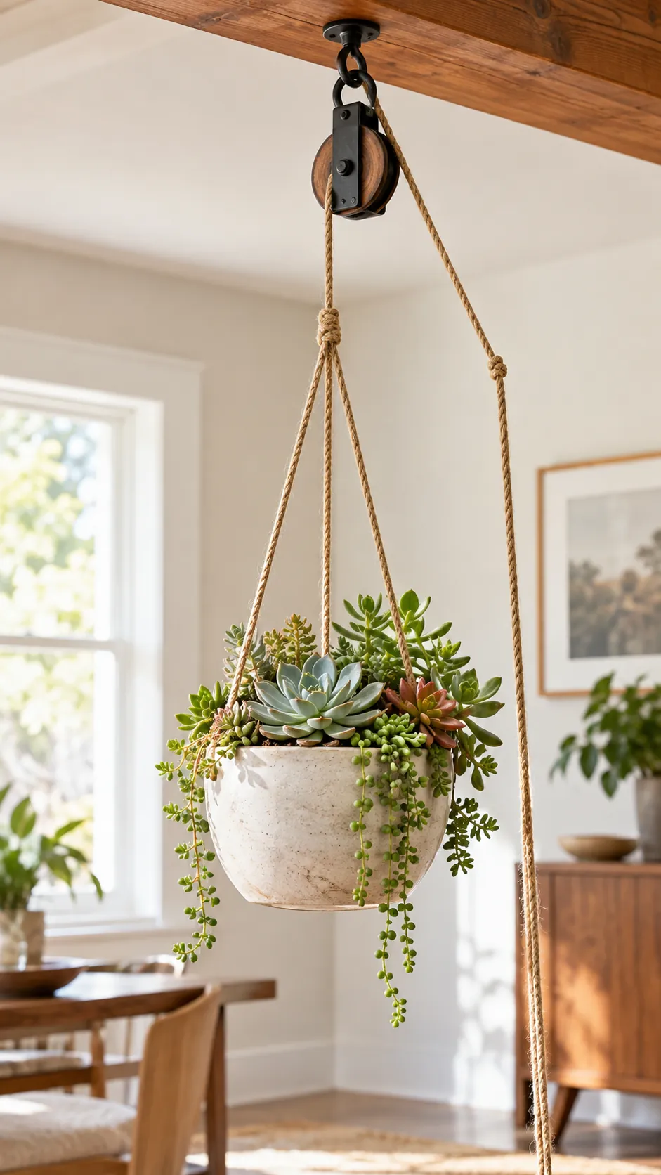 Succulent hanging planter on a practical ceiling pulley