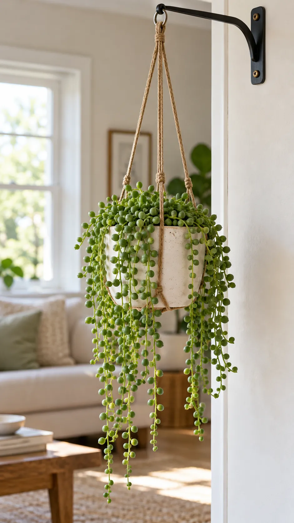 Single trailing succulent in a simple hanging planter