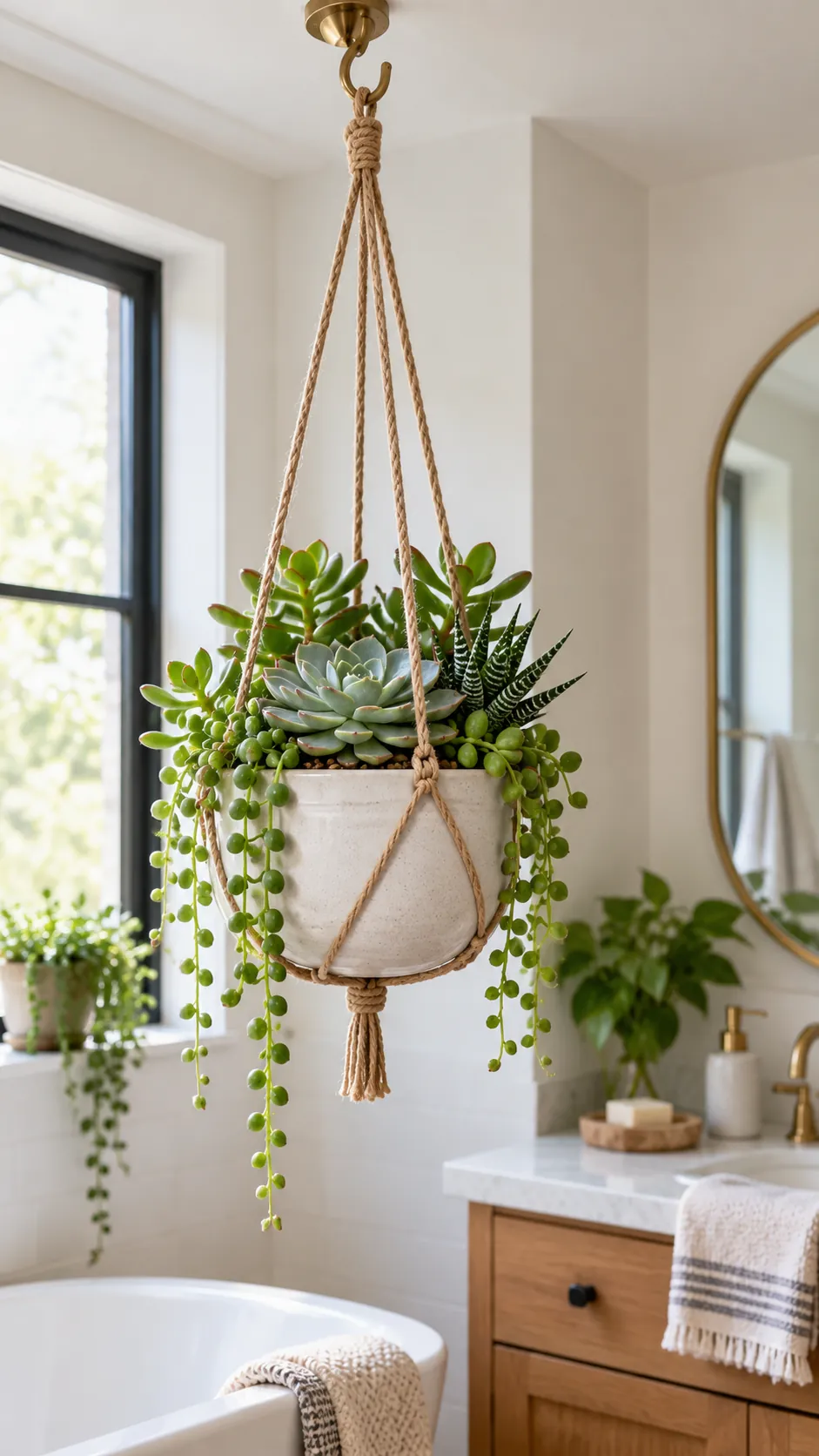 Hanging succulent planter in a bright airy bathroom