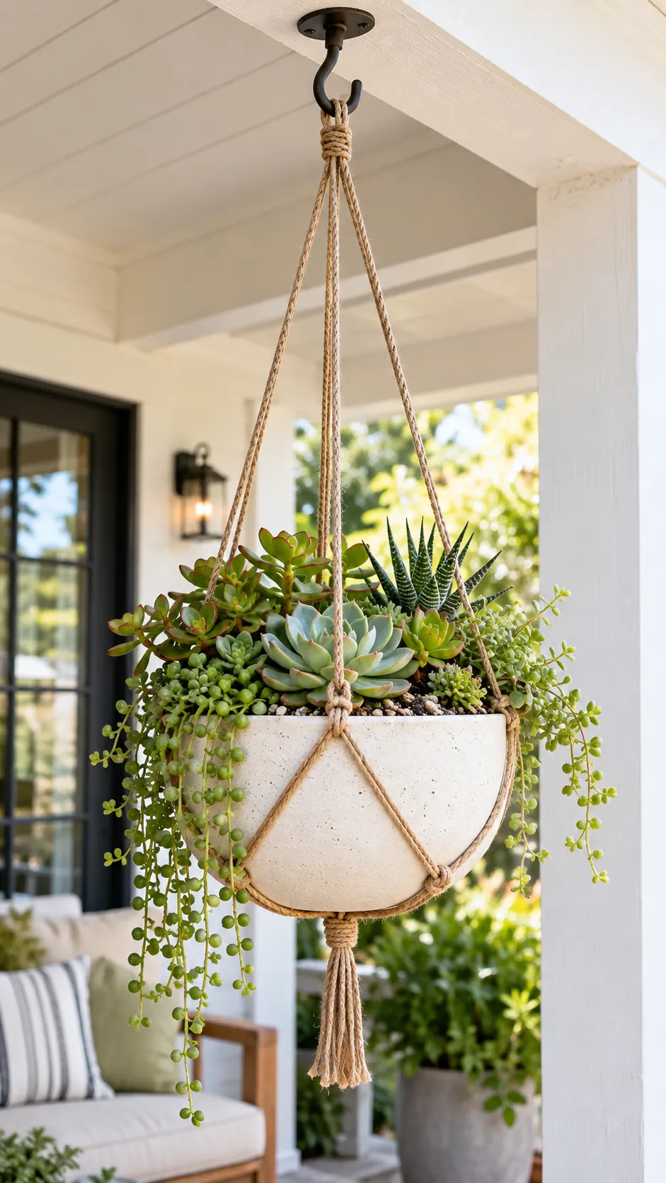 Hanging succulent planter under a bright covered porch