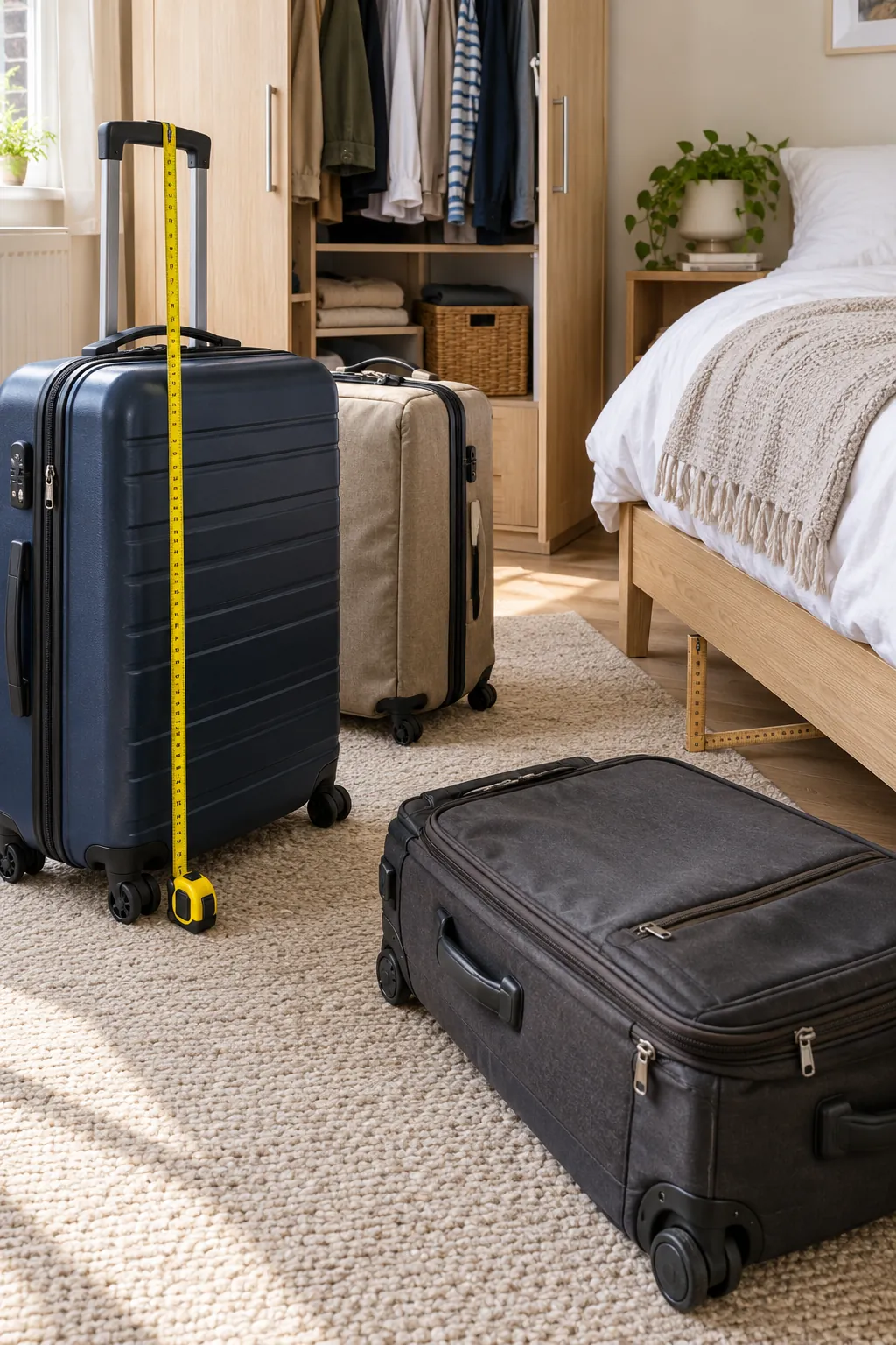 Tape measure beside suitcases and measured apartment storage gaps