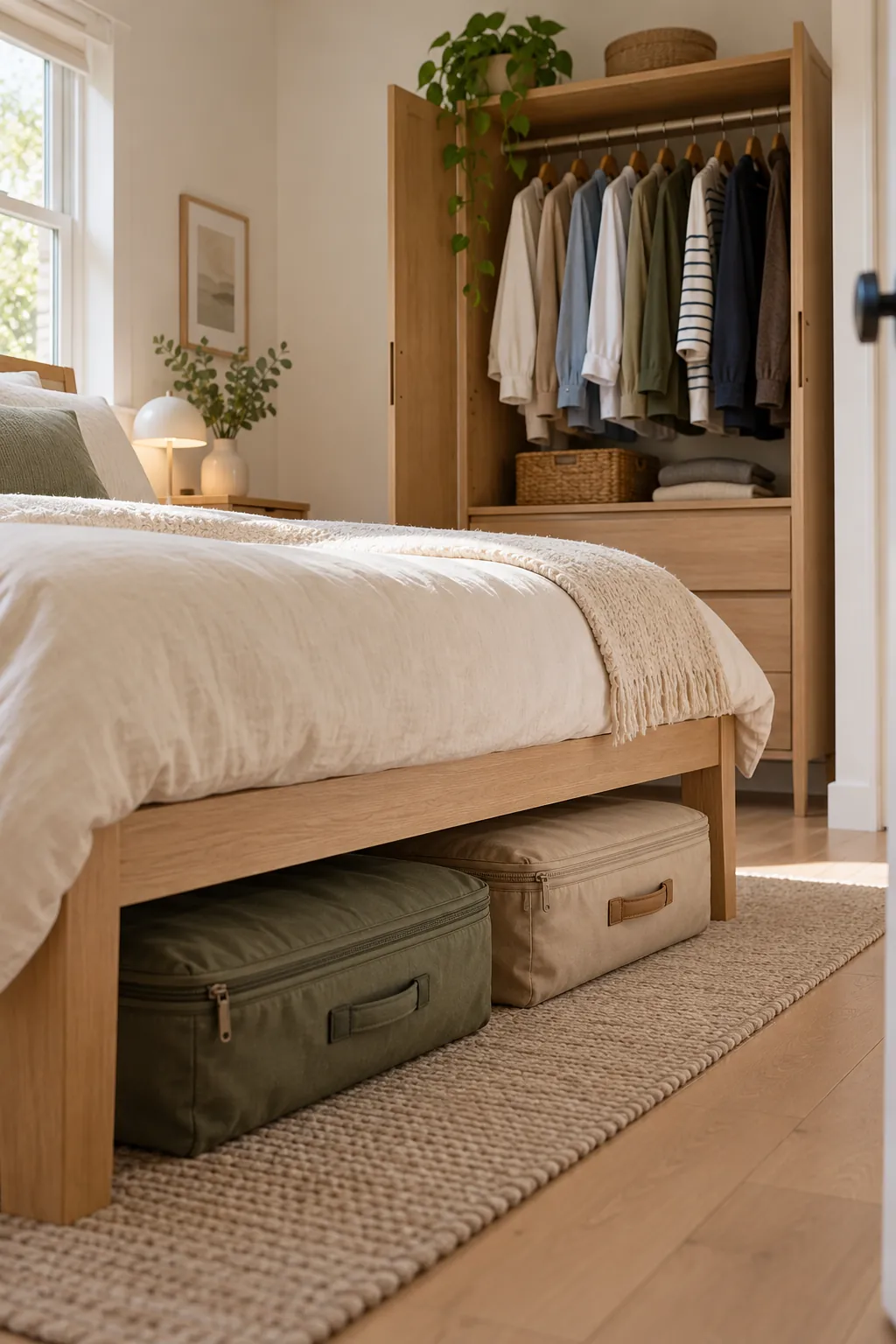 Suitcases stored beneath a bed while the apartment closet remains available