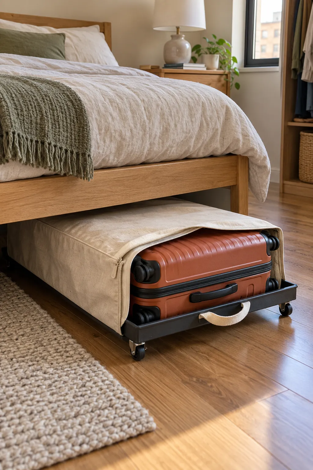 Covered suitcase sliding neatly beneath a low apartment bed