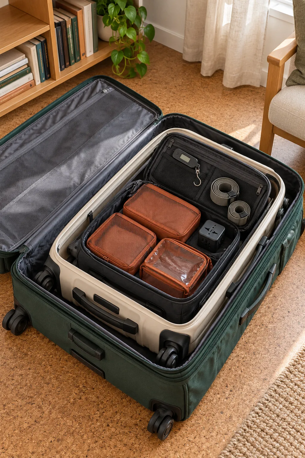 Nested luggage with packing cubes and travel accessories organized inside