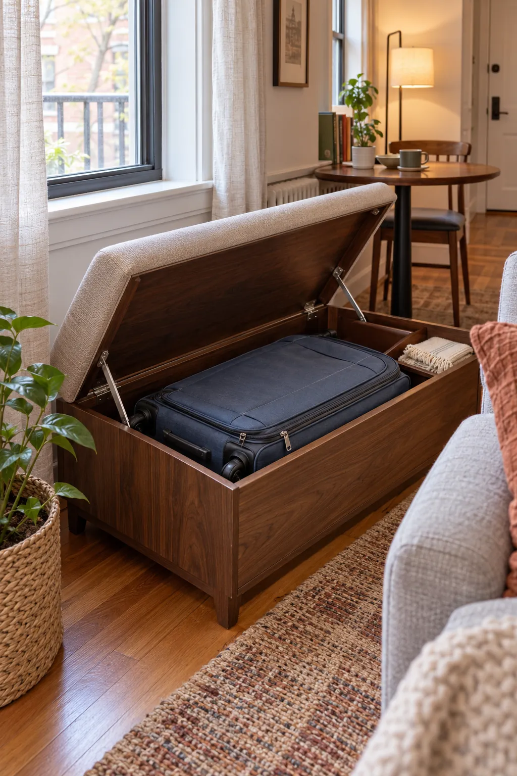 Apartment storage bench holding a suitcase beneath the seat