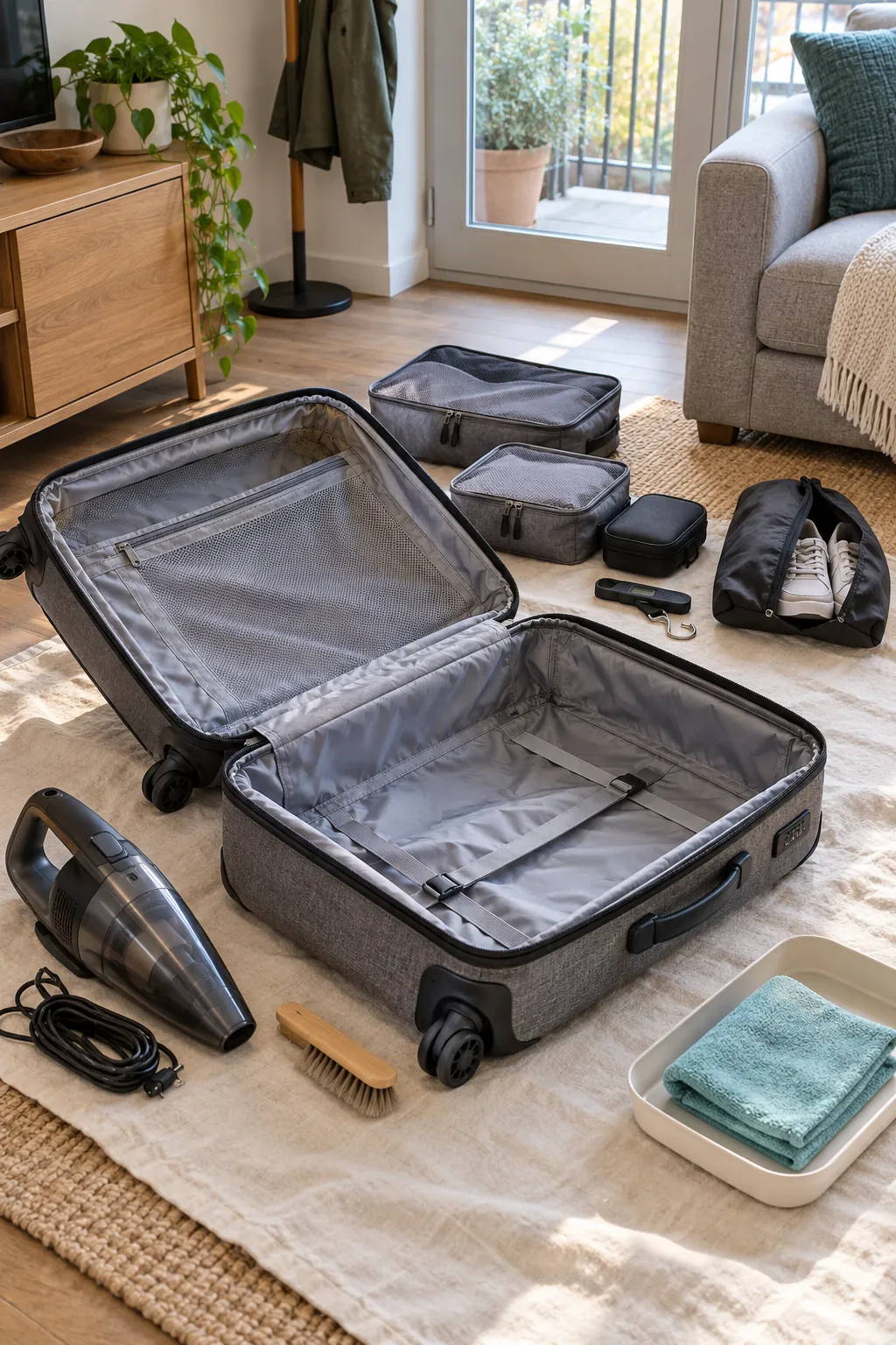Clean suitcase airing beside organized travel accessories after a trip