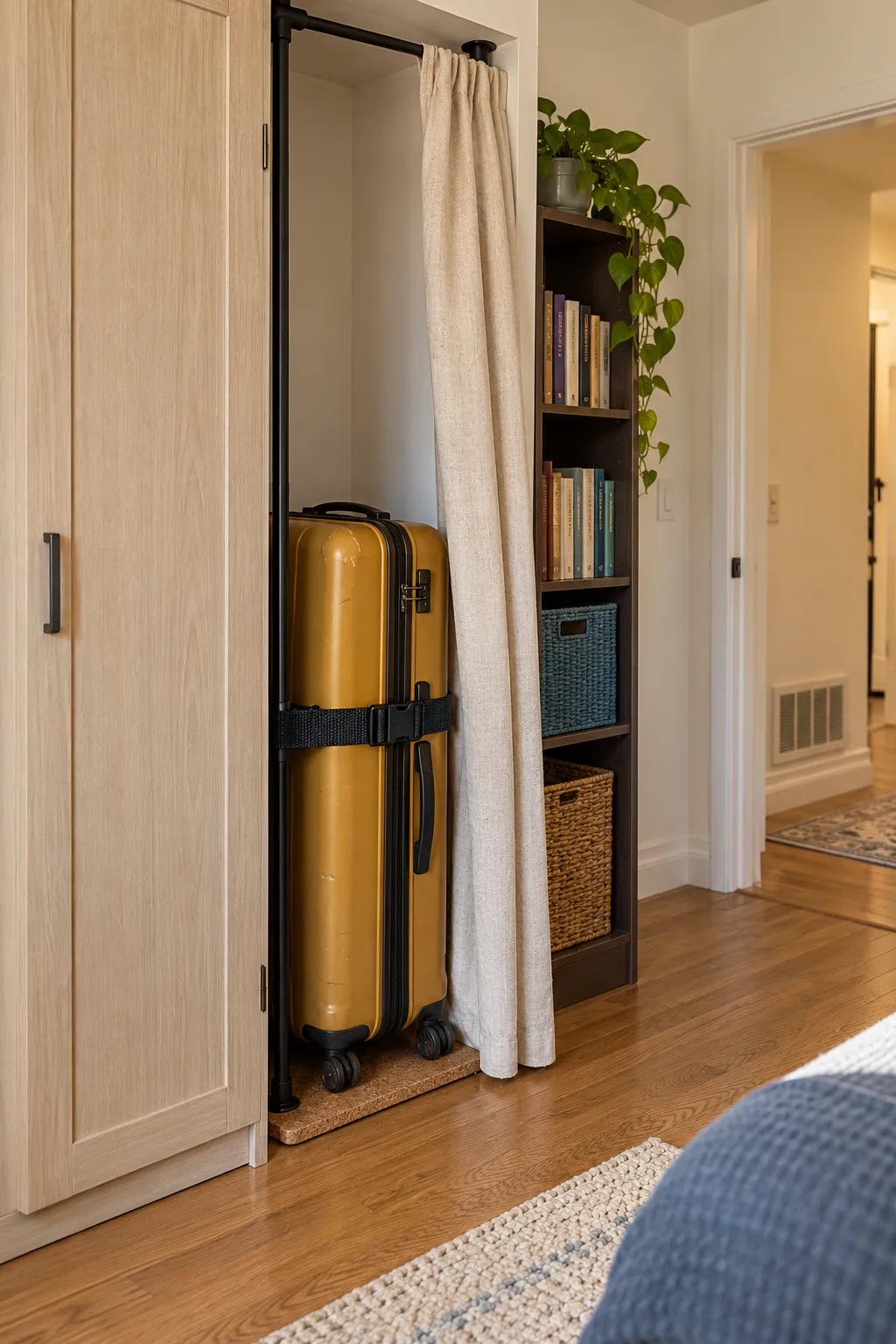 Suitcase stored upright in a narrow gap beside an apartment wardrobe