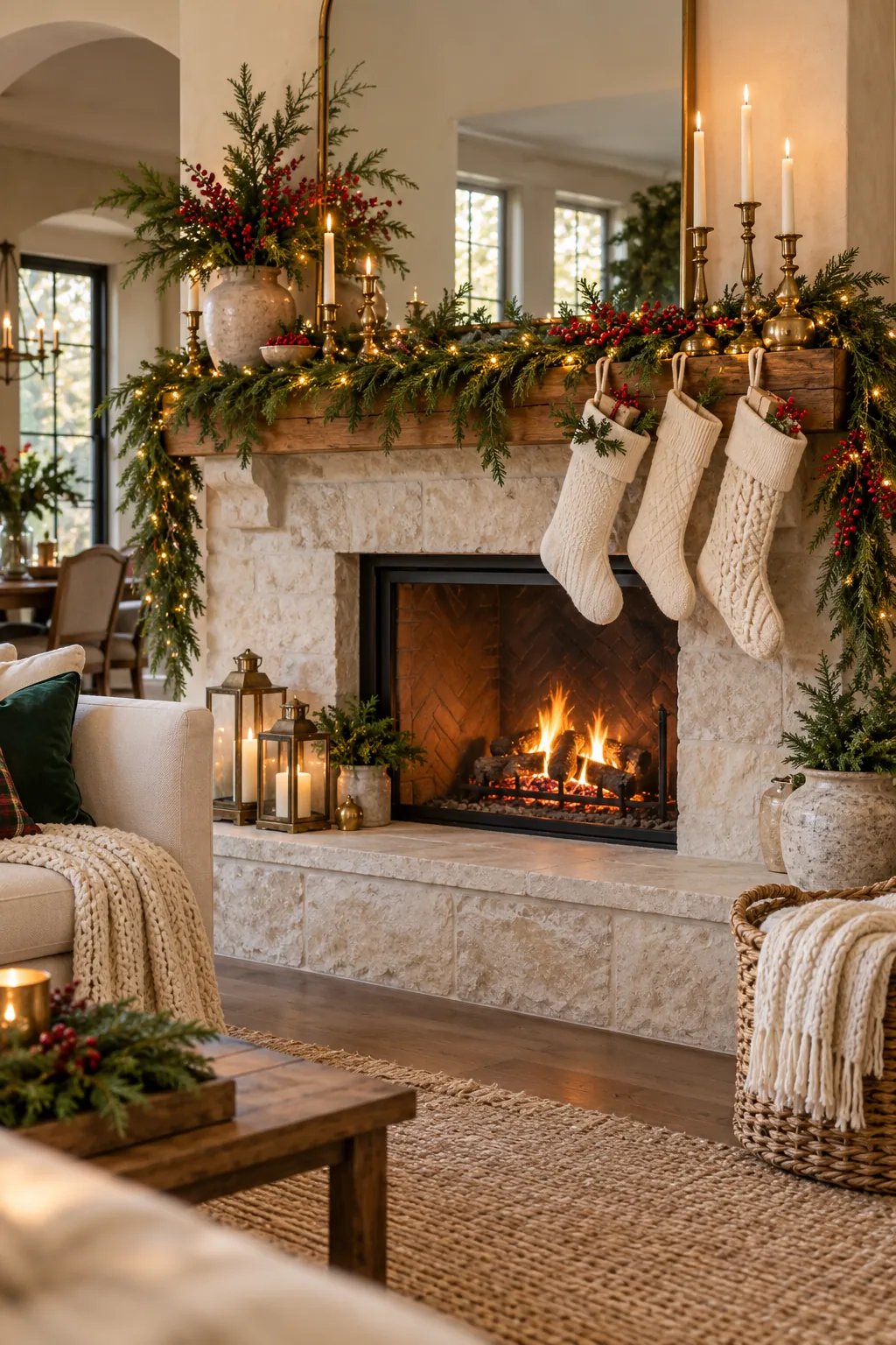Christmas mantel decor with cedar, stockings, lights, and brass accents