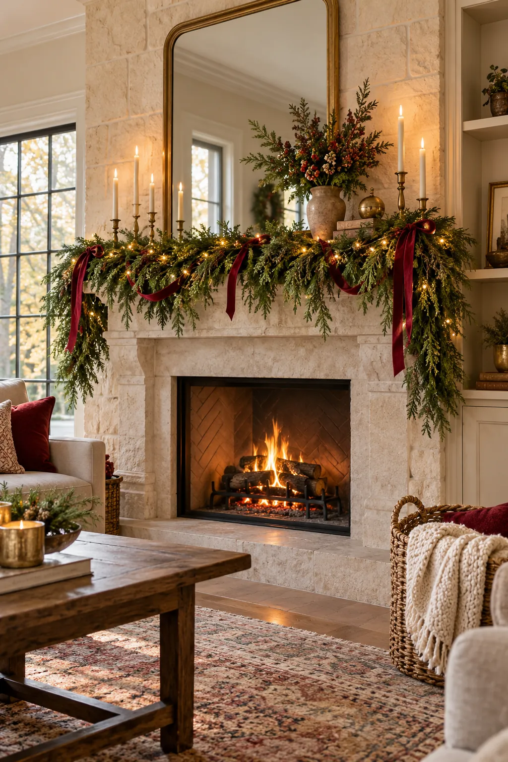 Layered Cedar Garland Christmas mantel decorating idea