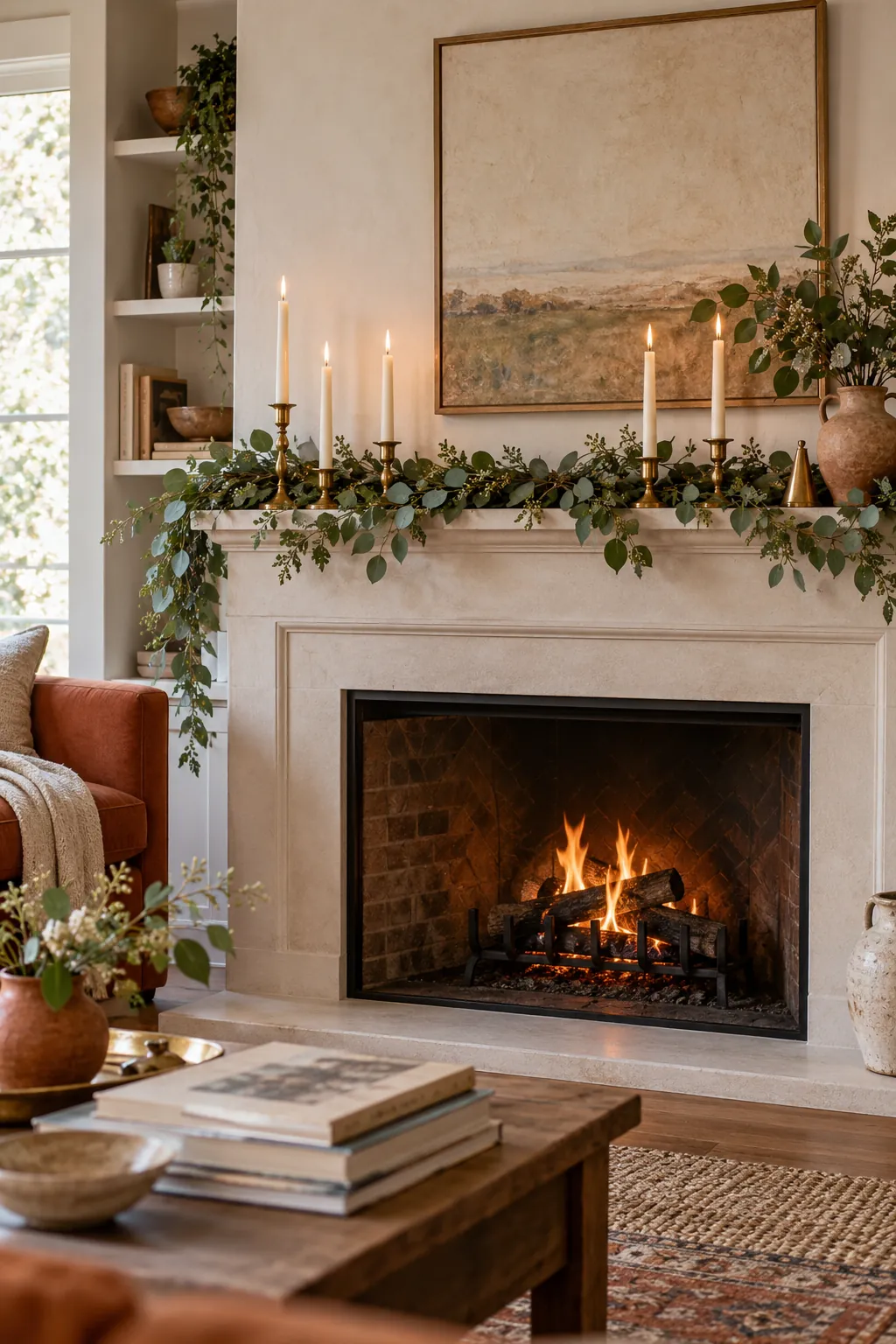 Simple Eucalyptus Line Christmas mantel decorating idea