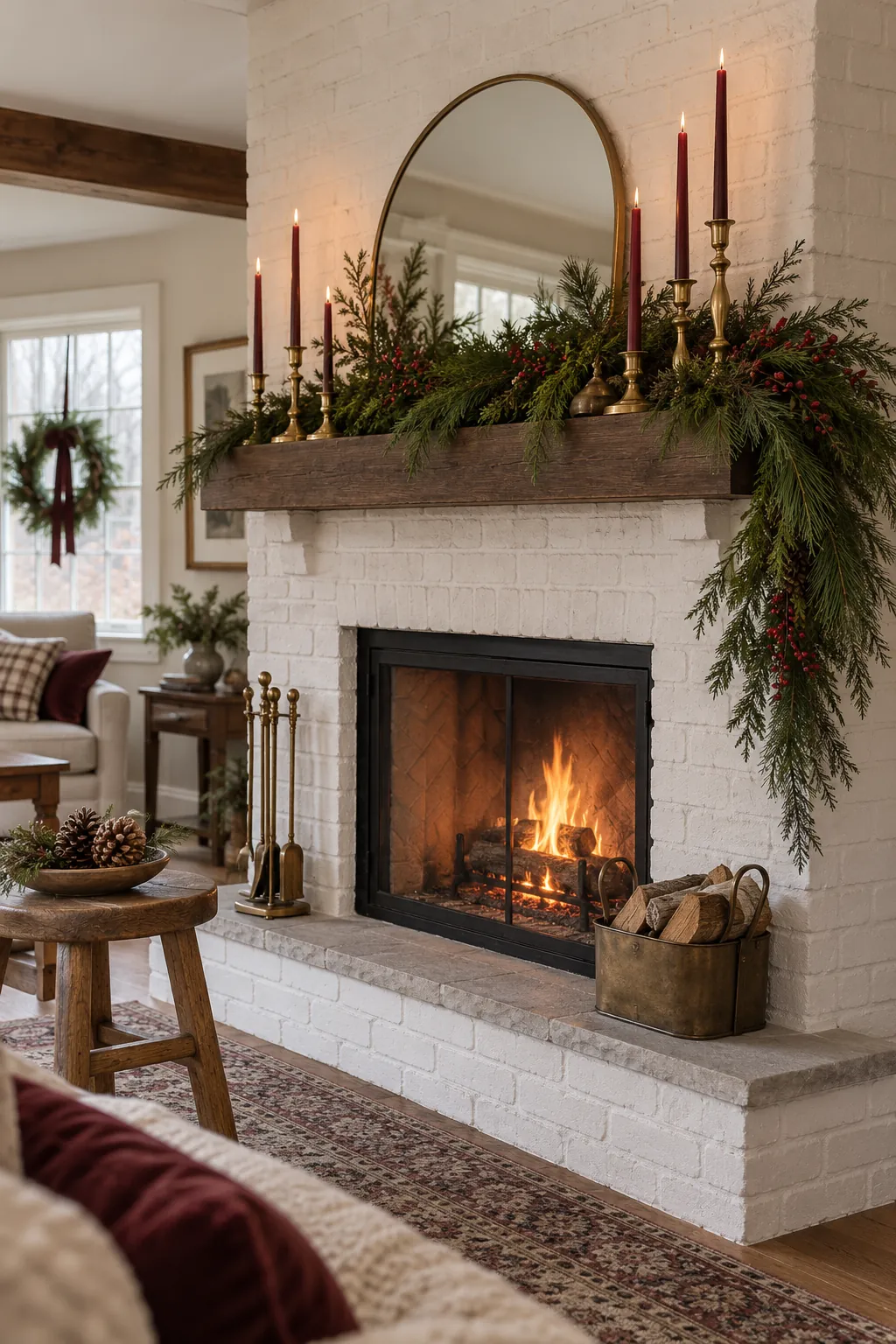 Asymmetrical Pine Sweep Christmas mantel decorating idea