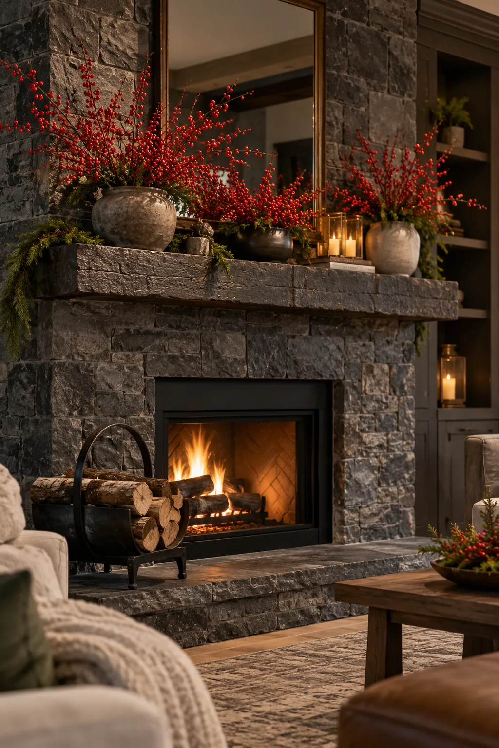 Red Berry Branch Display Christmas mantel decorating idea