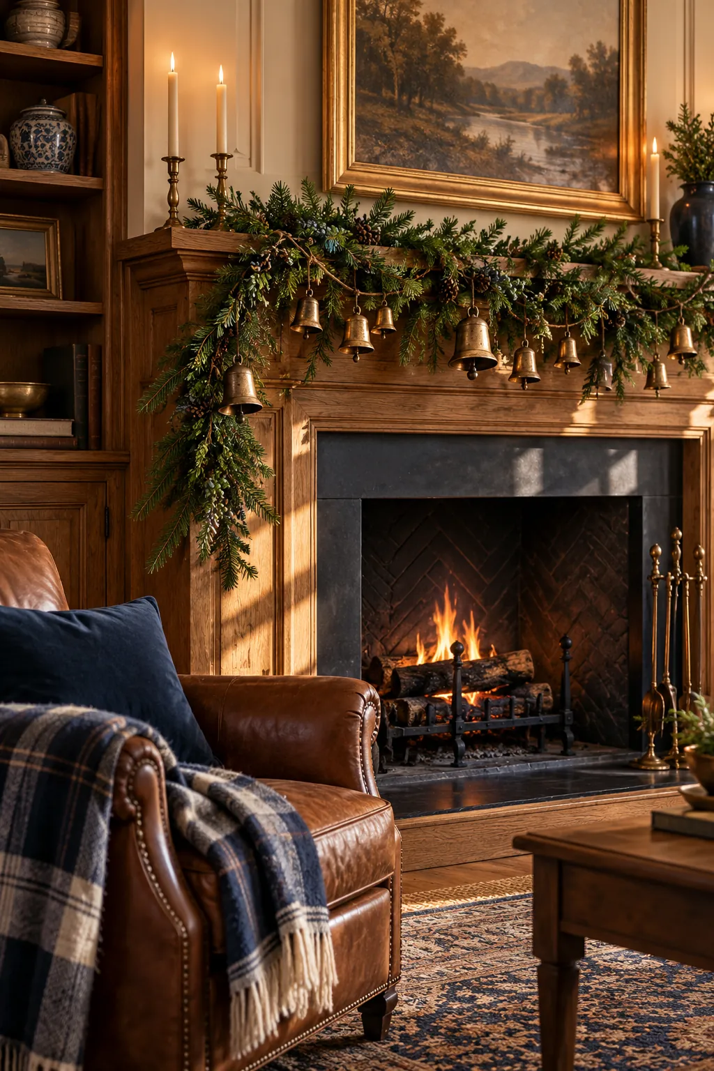 Brass Bell Garland Christmas mantel decorating idea