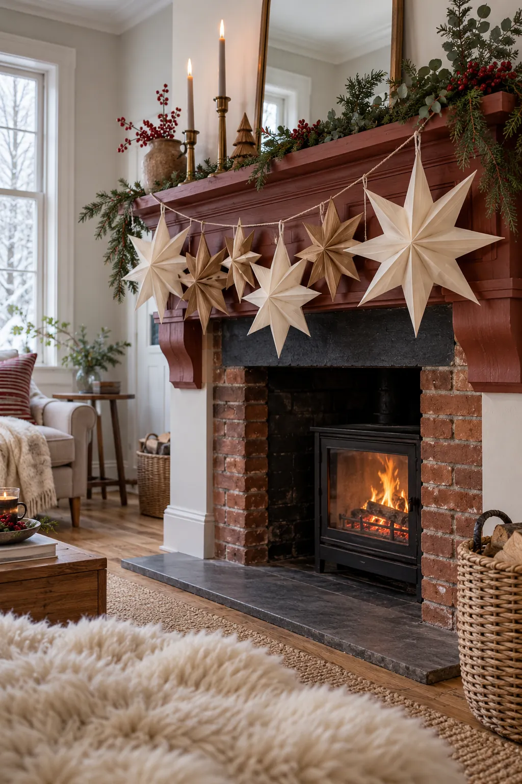 Paper Star Cluster Christmas mantel decorating idea