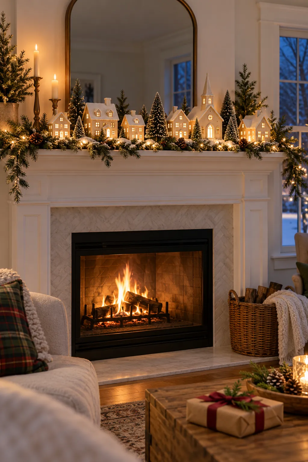 Candle Village Scene Christmas mantel decorating idea