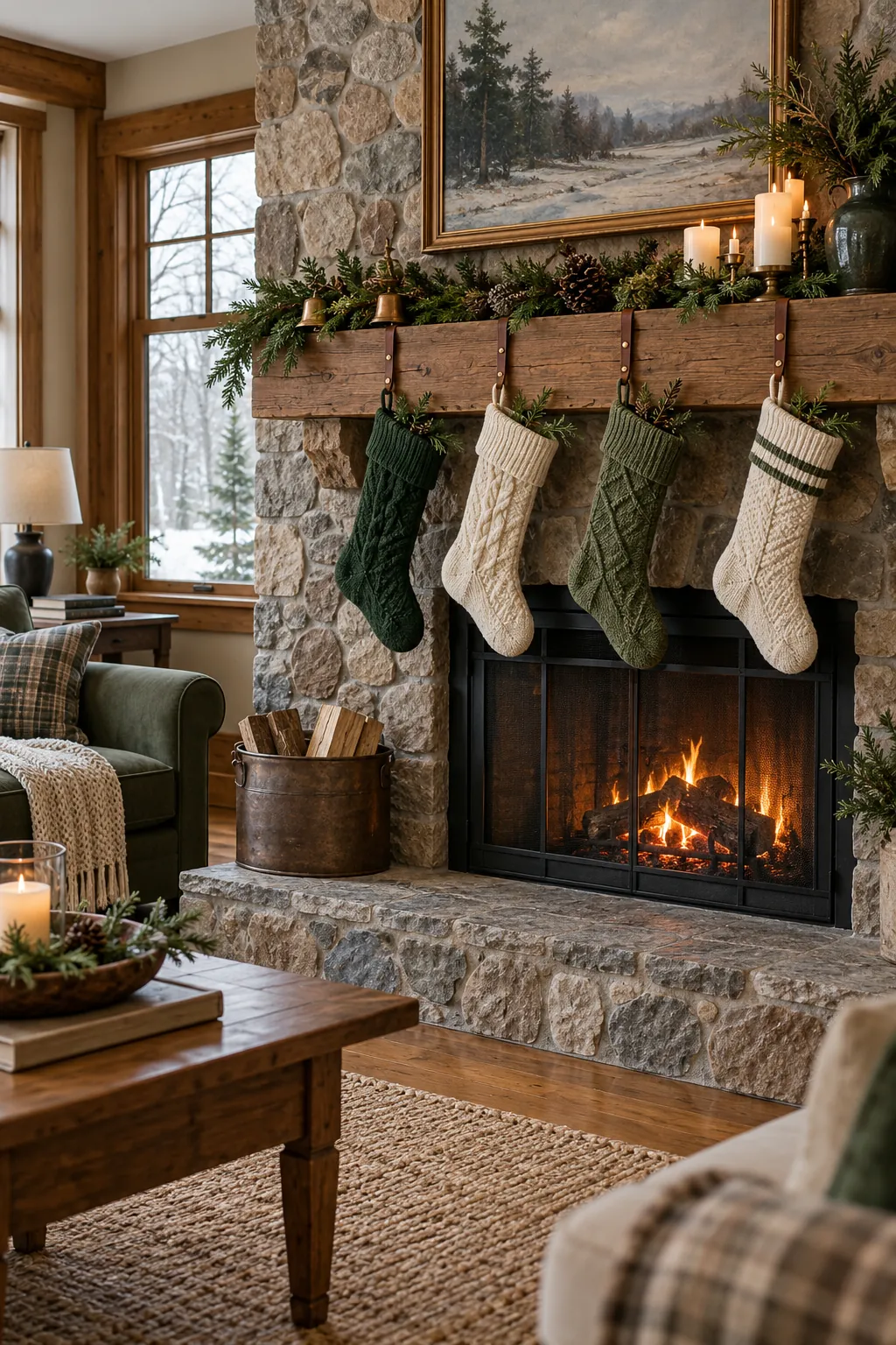 Stockings on Leather Loops Christmas mantel decorating idea