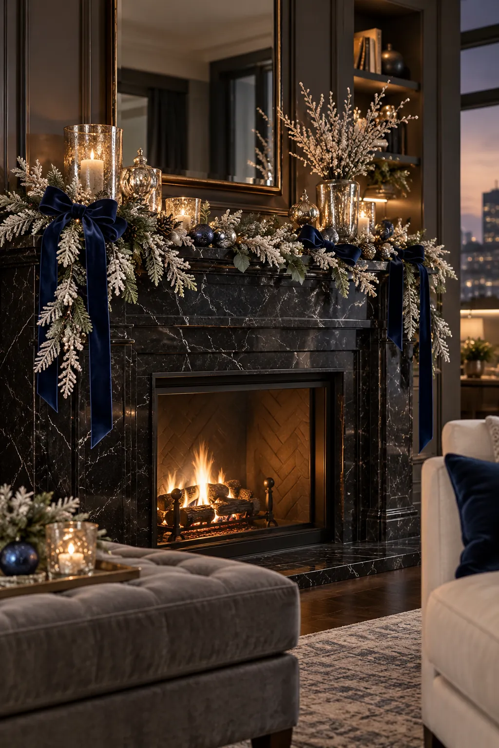 Blue and Silver Winter Mantel Christmas mantel decorating idea