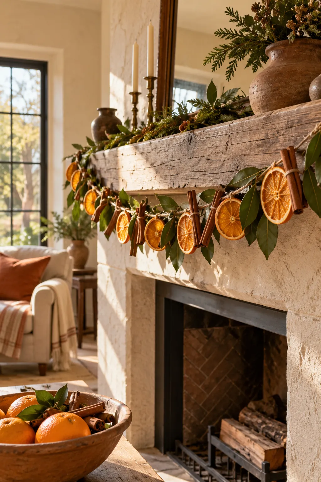 Orange and Clove Garland Christmas mantel decorating idea