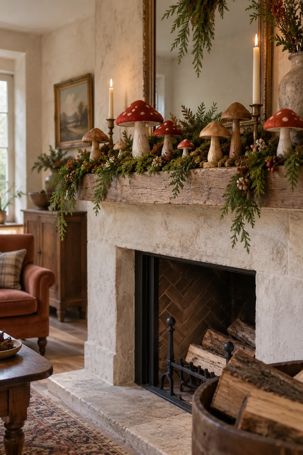 Woodland Mushroom Accent Christmas mantel decorating idea