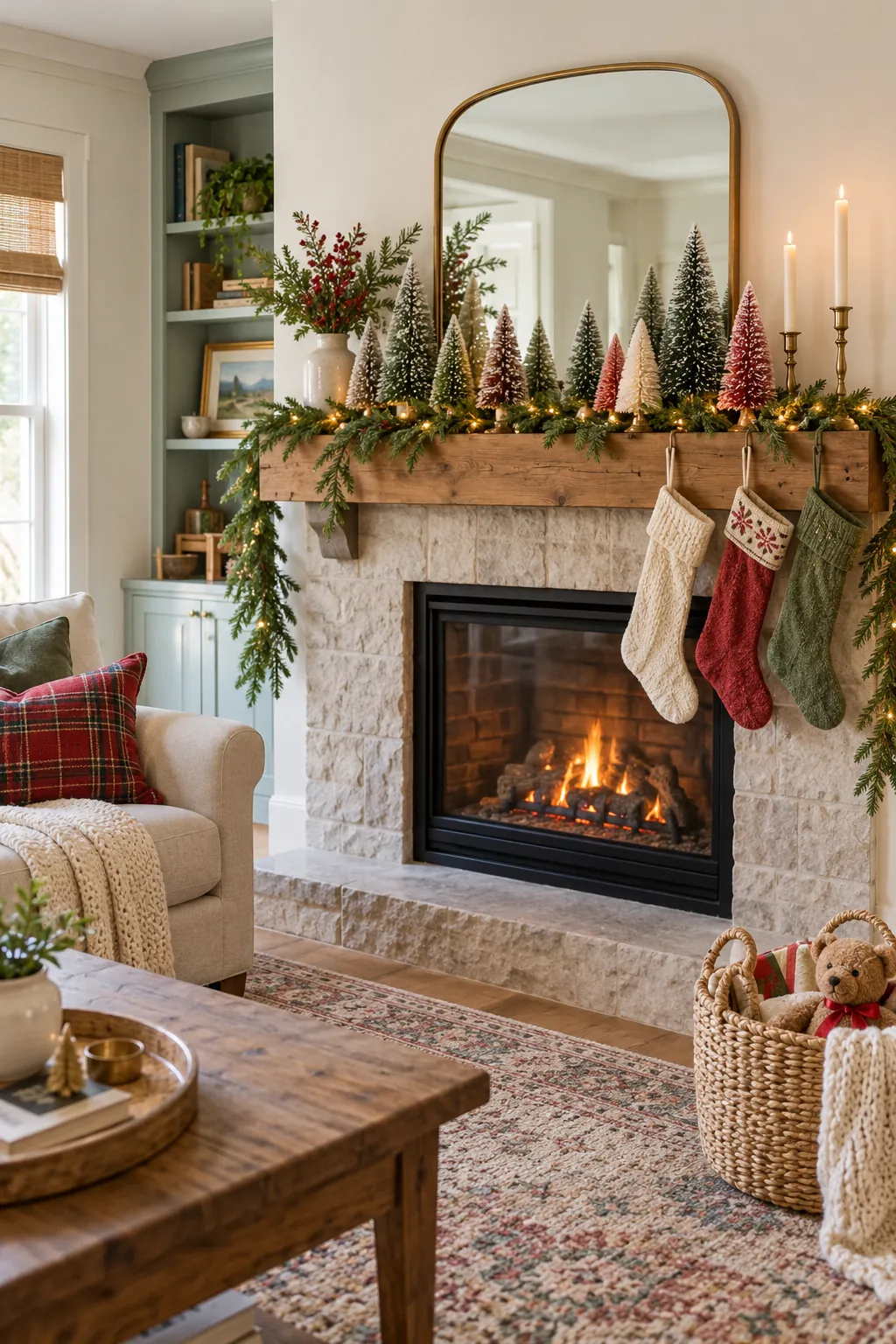 Snowy Bottle Brush Forest Christmas mantel decorating idea