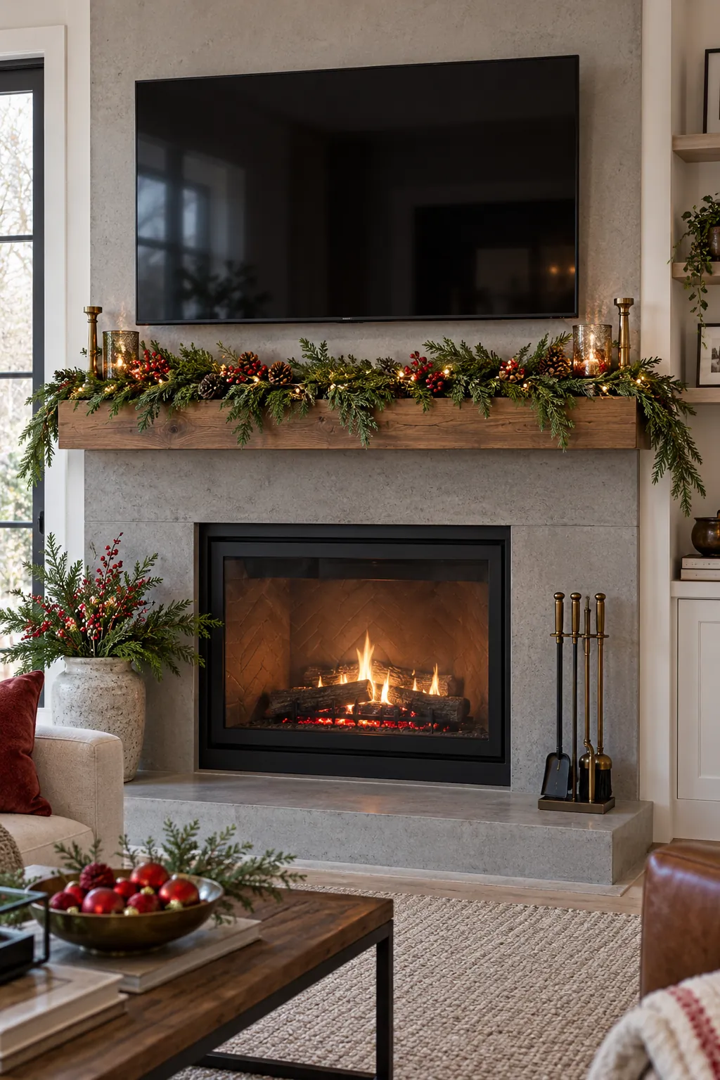 TV Friendly Low Garland Christmas mantel decorating idea