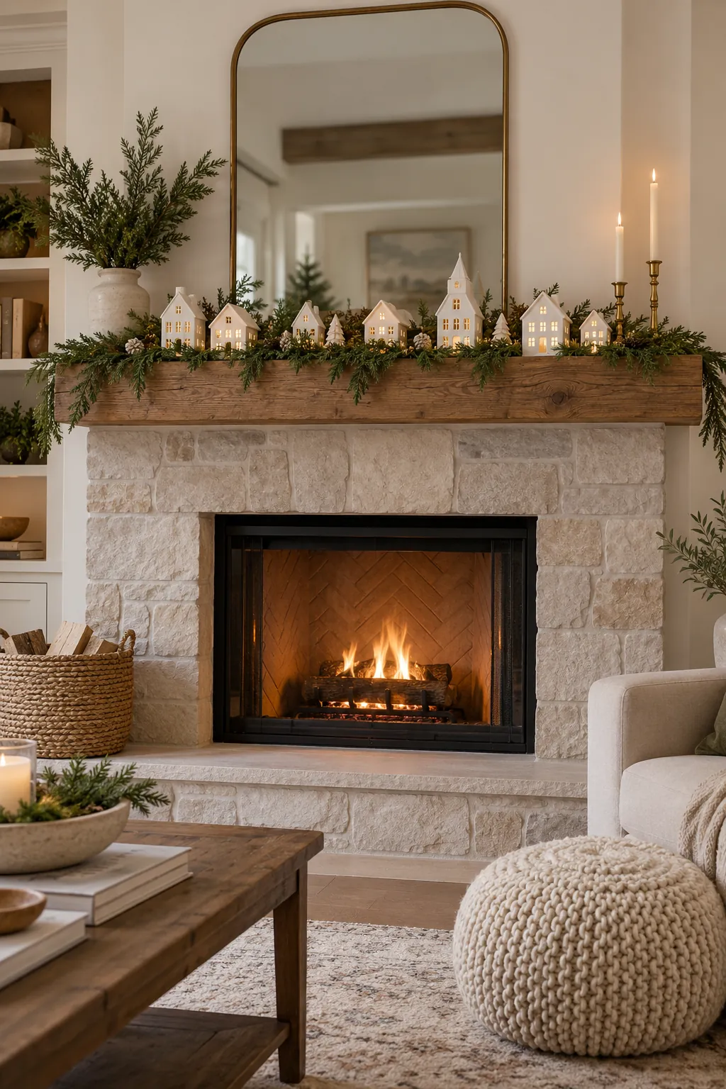 White Ceramic House Row Christmas mantel decorating idea