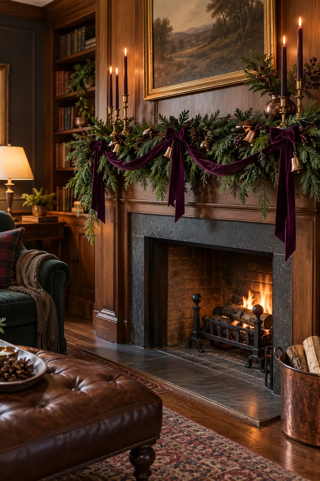 Plum Velvet Ribbon Swags Christmas mantel decorating idea