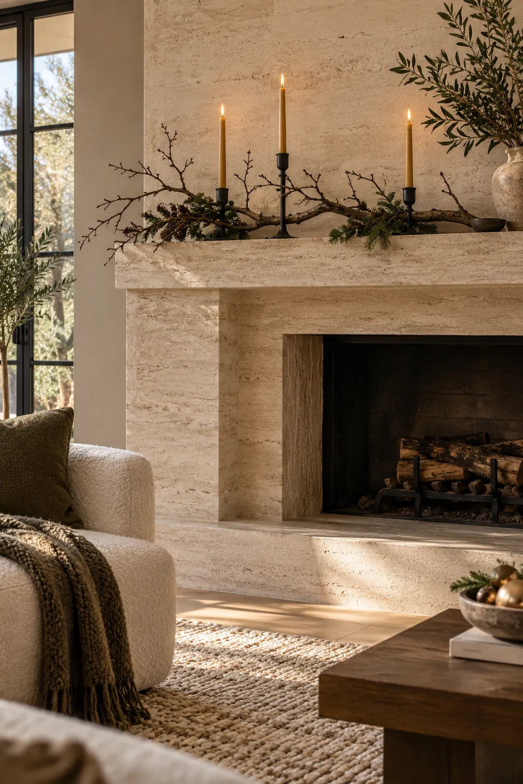 Minimal Branch and Candle Trio Christmas mantel decorating idea
