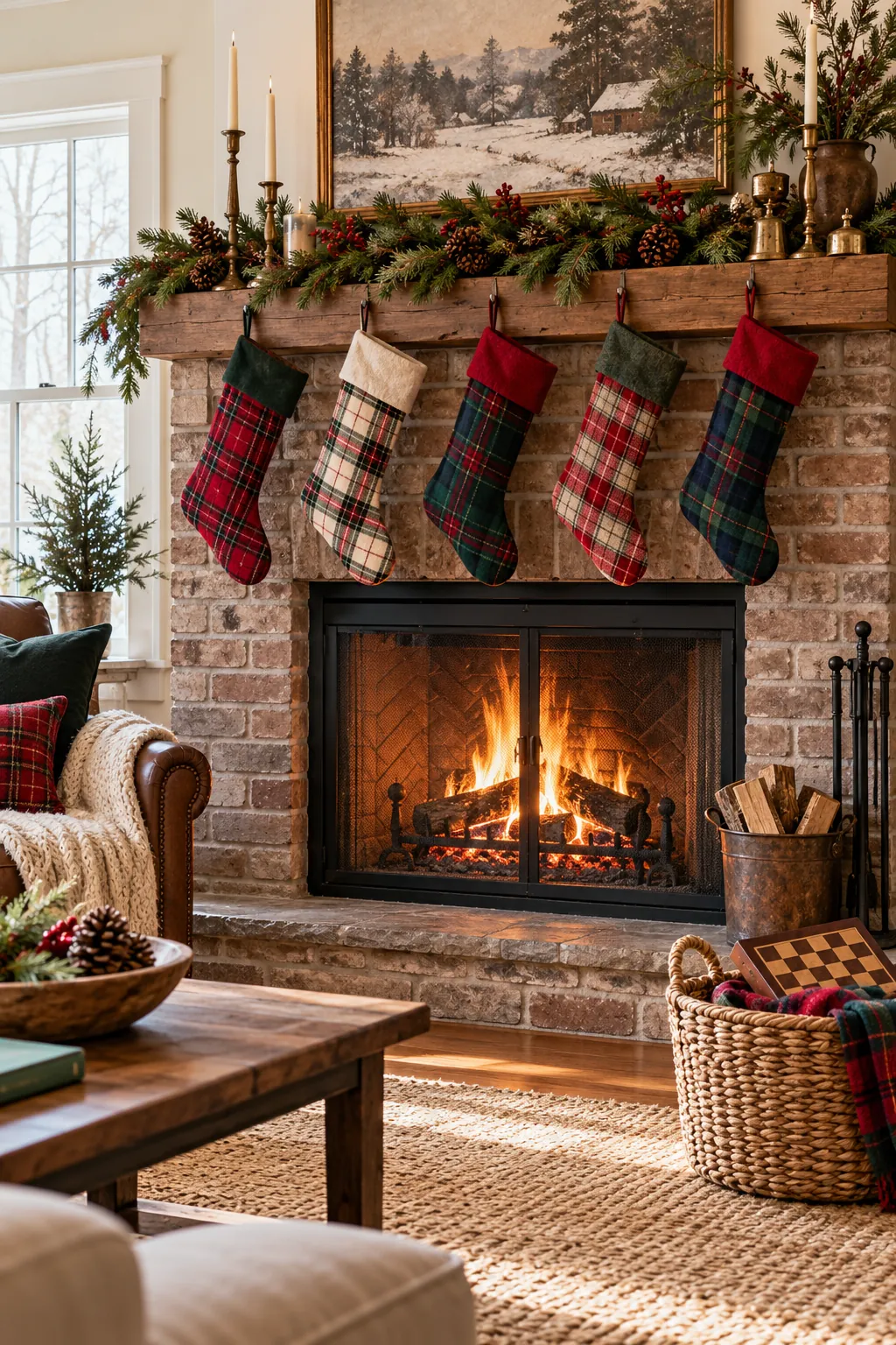 Plaid Stocking Collection Christmas mantel decorating idea