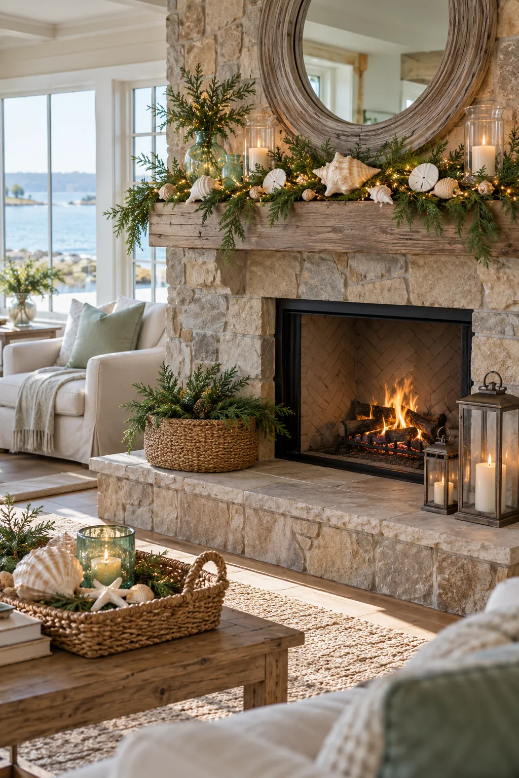Coastal Shell Holiday Mantel Christmas mantel decorating idea
