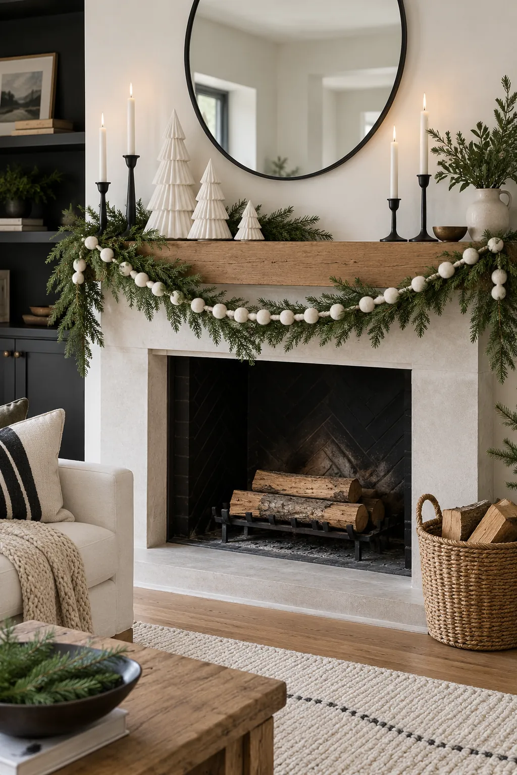 Black and White Graphic Mantel Christmas mantel decorating idea