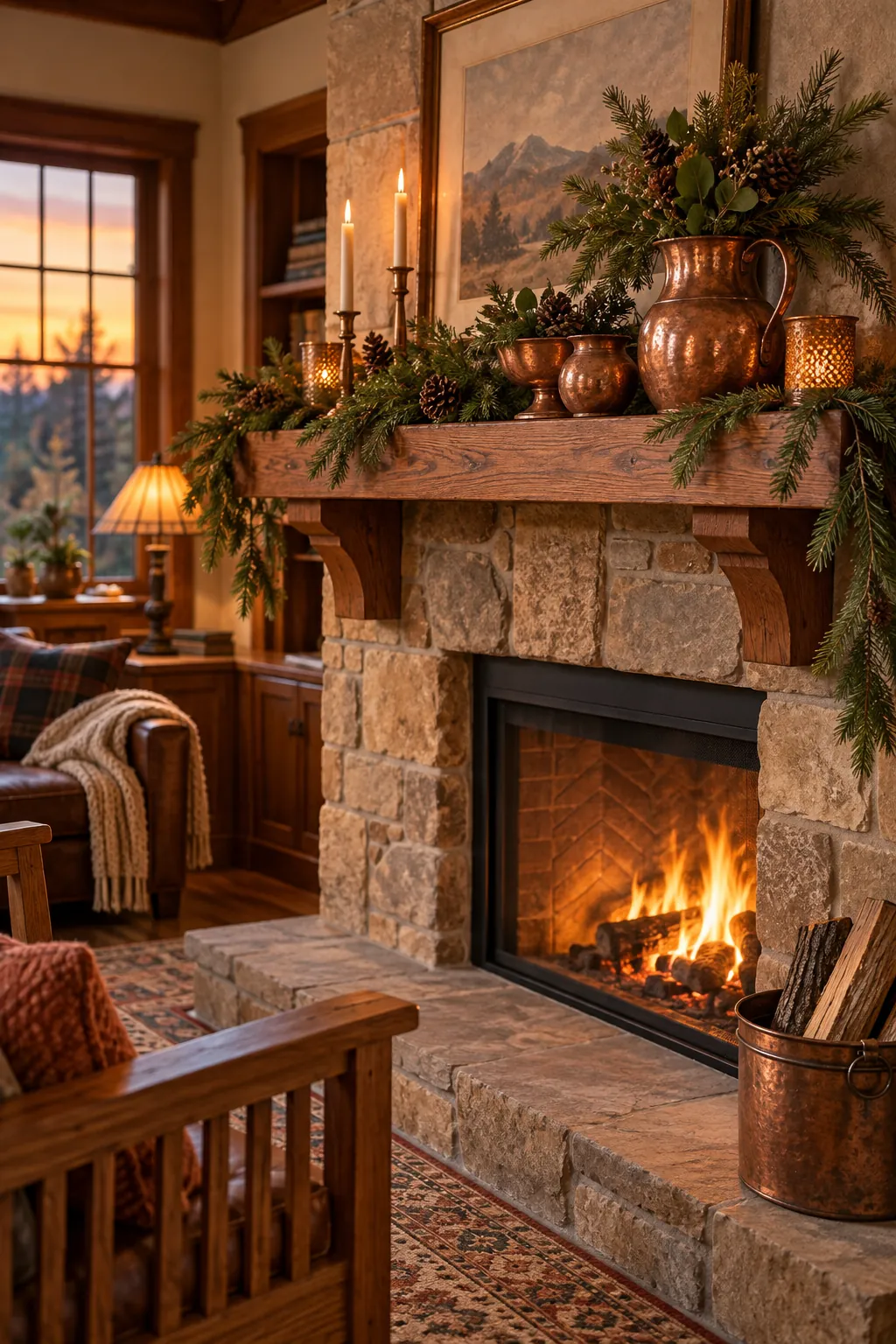 Copper and Pine Glow Christmas mantel decorating idea