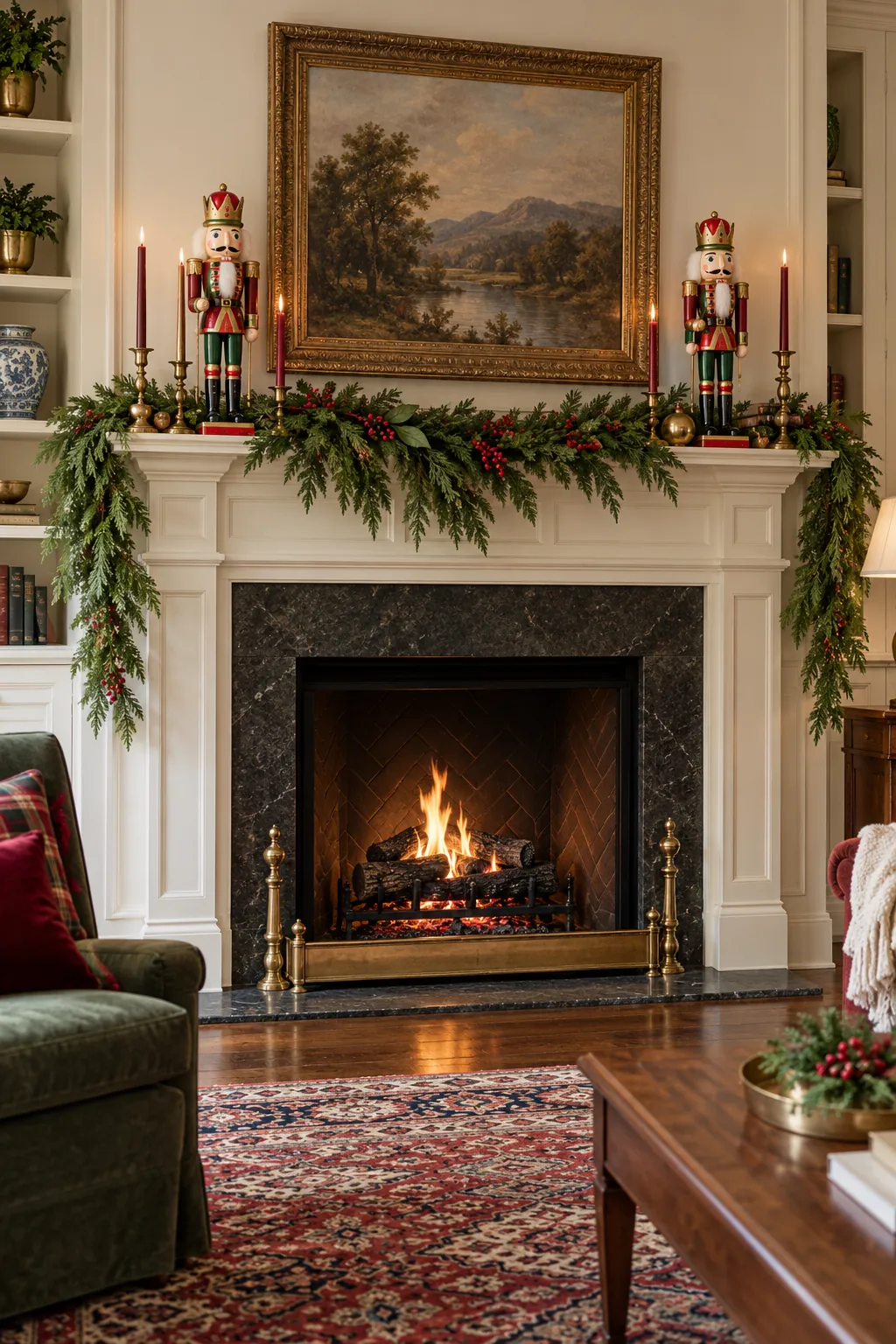 Nutcracker Pair With Garland Christmas mantel decorating idea