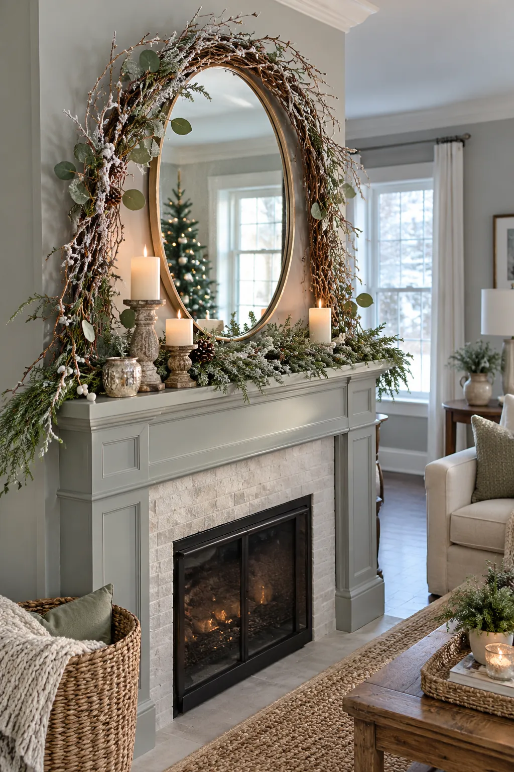 Frosted Grapevine Arch Christmas mantel decorating idea
