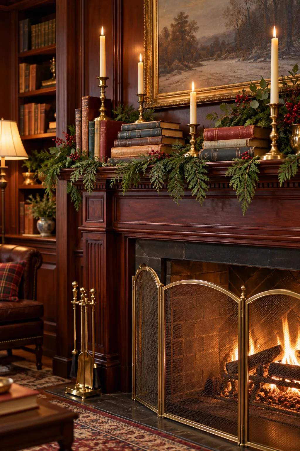 Antique Book and Candle Stack Christmas mantel decorating idea