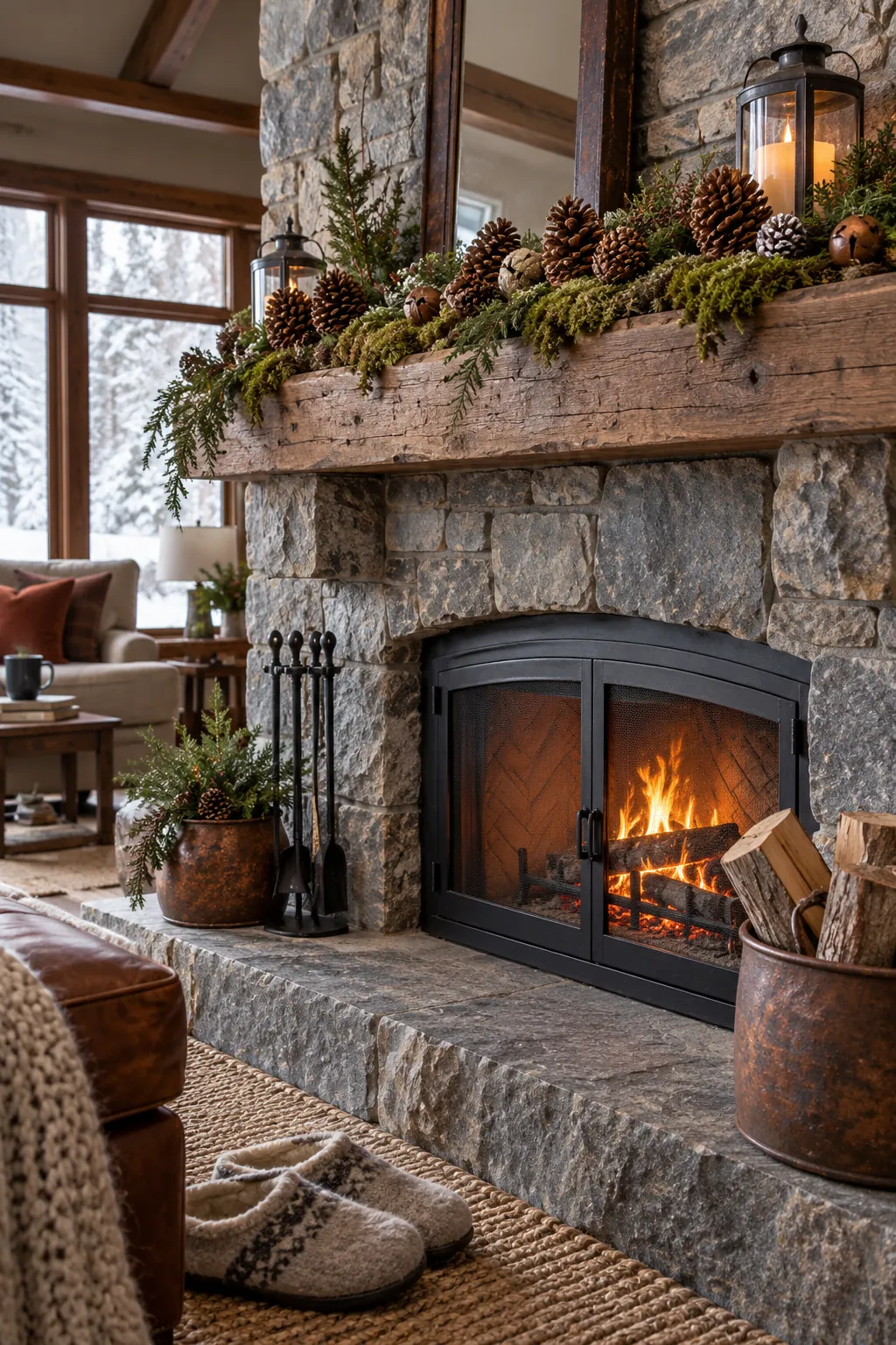Moss and Pinecone Texture Christmas mantel decorating idea